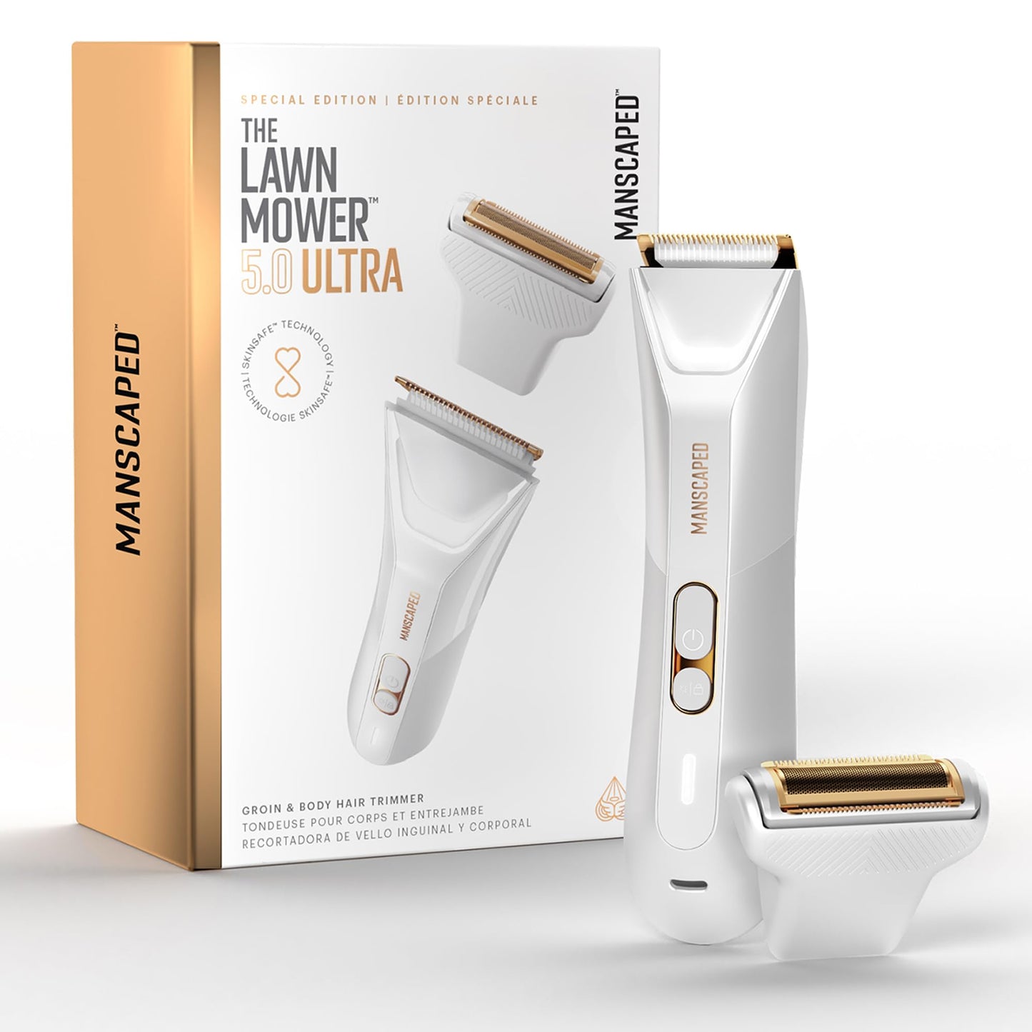 MANSCAPED® Recortadora cuerpo y ingles The Lawn Mower® 5.0 ULTRA, Doble cabezal SkinSafe® para recortado y afeitado, Resistente al agua, recargable por USB-C, Afeitadora íntima para él - Blanco