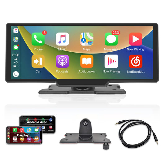 Carplay - visualización estéreo de 10.3 pulgadas HD inalámbrica portátil para coche Buddy con visualización táctil, reproducción de coche y transmisión automática de Android FM Bluetooth para