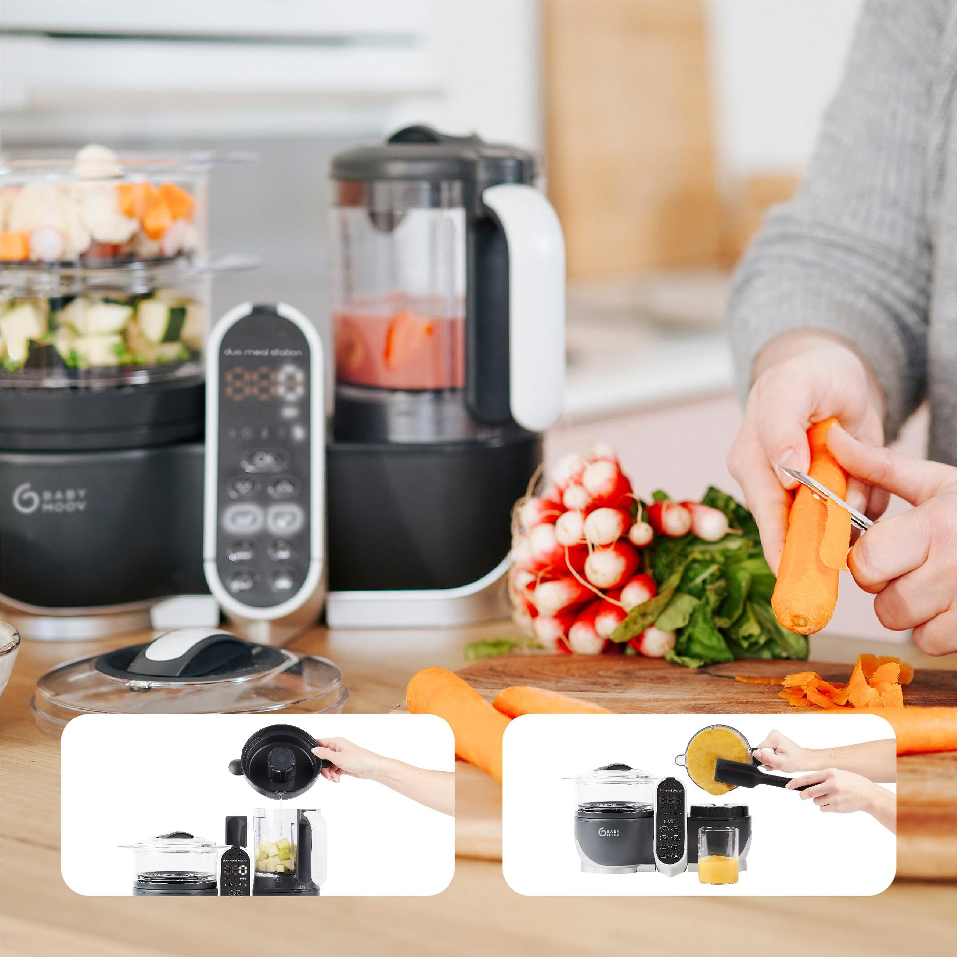 Babymoov Duo Meal 6 en 1: Procesador de Alimentos para Bebés con Vaporizador y Licuadora de Velocidades Múltiples, Calienta y Descongela (Aprobado por Nutricionistas), Gris