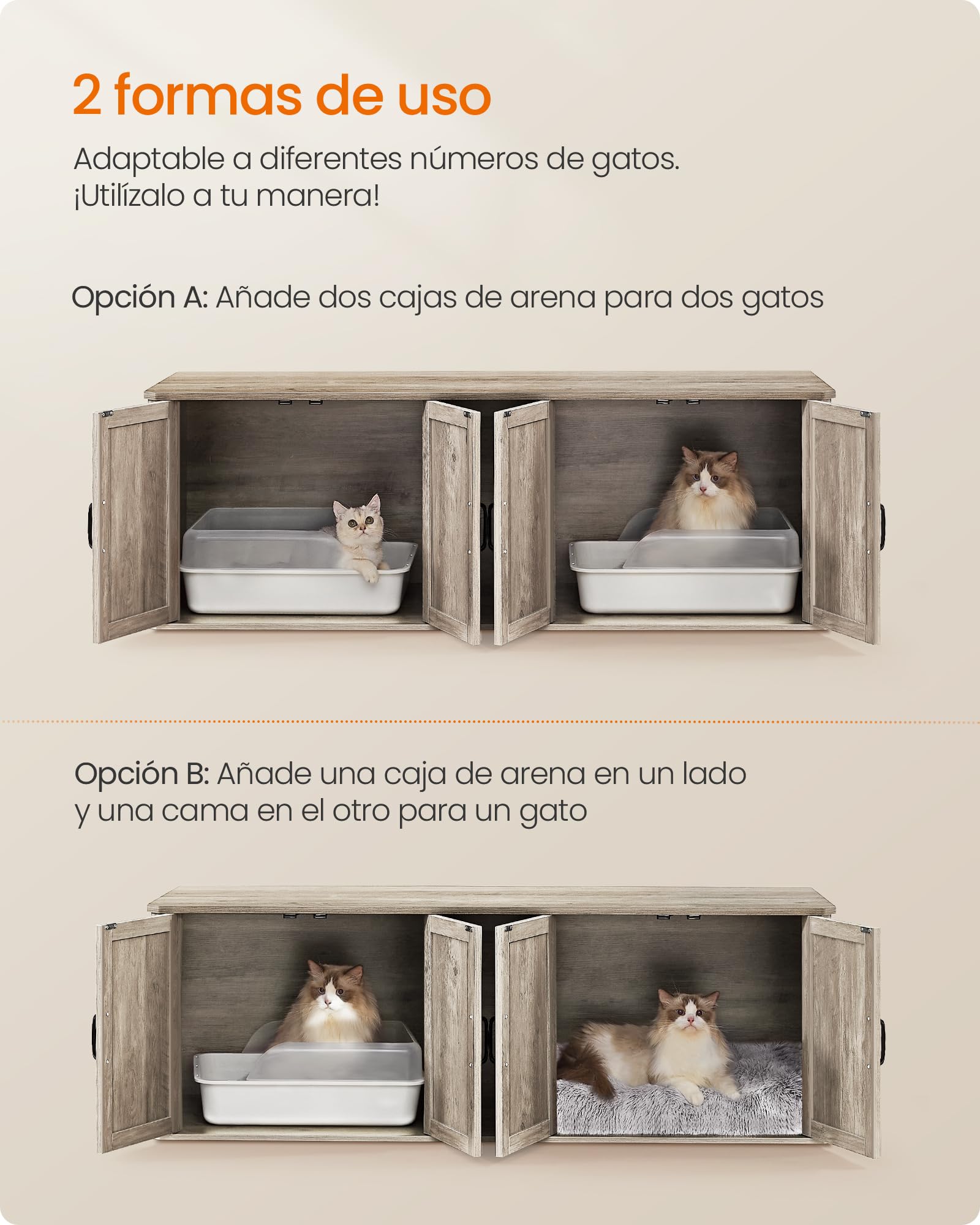 Feandrea Mueble Arenero para Gatos, Caja de Arena para 2 Gatos, Mesa Auxiliar, 145.6 x 48.5 x 50 cm, Greige Mélange MPCL010G01
