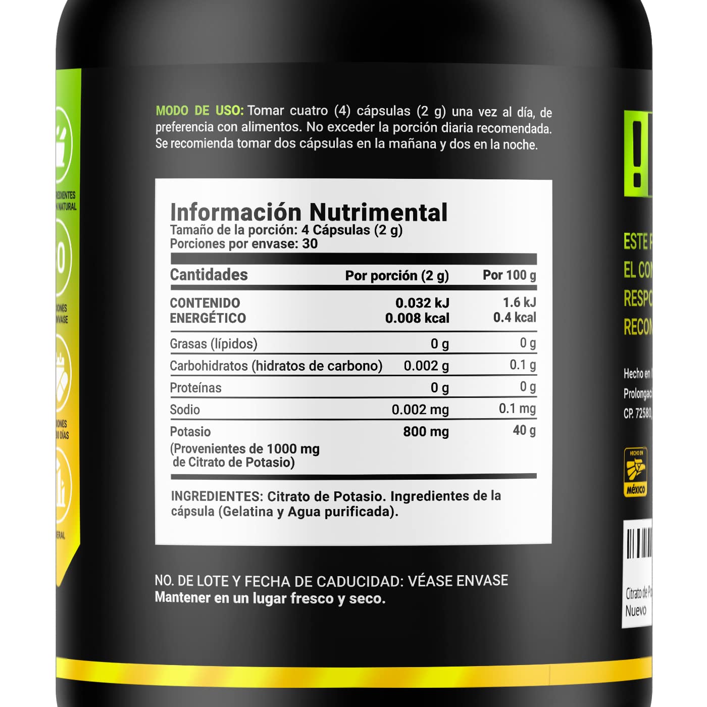 B Life Company Citrato de Potasio 800 mg de Potasio (Provenientes de 1000 mg). Ingredientes Naturales de 120 Cápsulas. Potassium Citrate