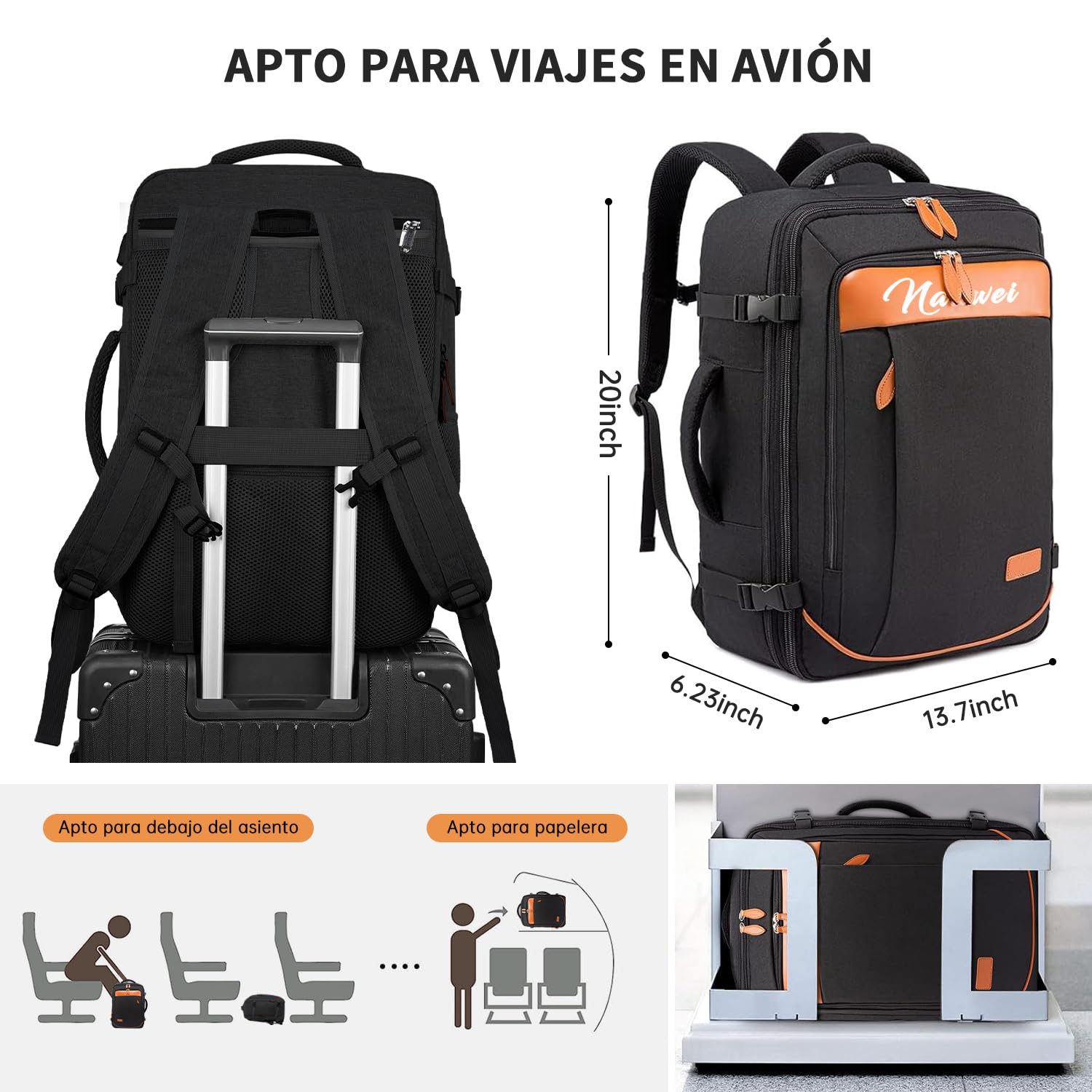 Juego de mochila de viaje de 5 piezas, mochila de equipaje certificada por vuelo extra grande 40 L, maleta expandible con 4 bolsas de almacenamiento, mochila de negocios impermeable, unisex (Negro)