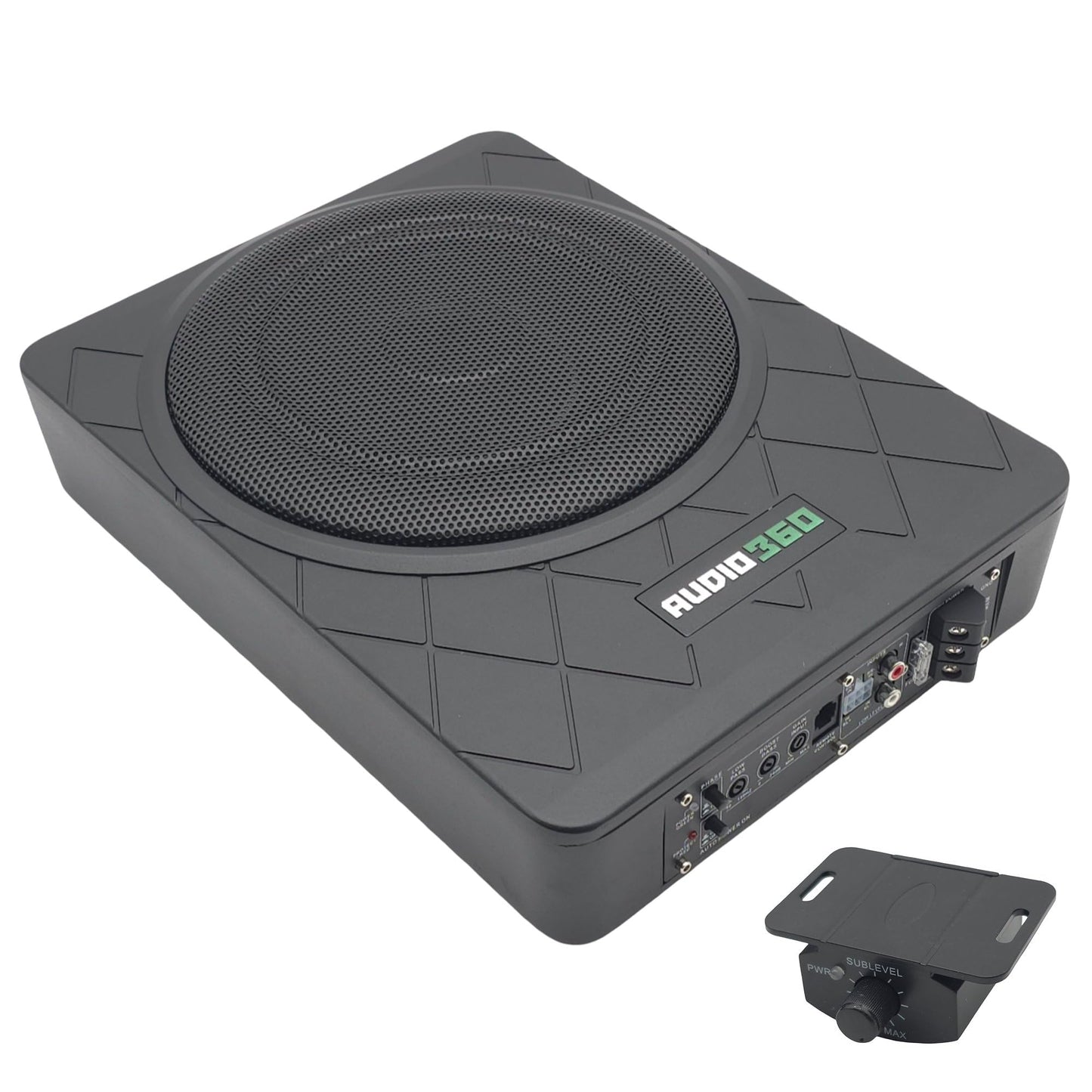 AUDIO360 AD1500US - Subwoofer amplificado de 1500 W, bajo el asiento, filtro de paso bajo ajustable, control de potencia de graves, diseño compacto, perfecto para sistemas de audio de coche