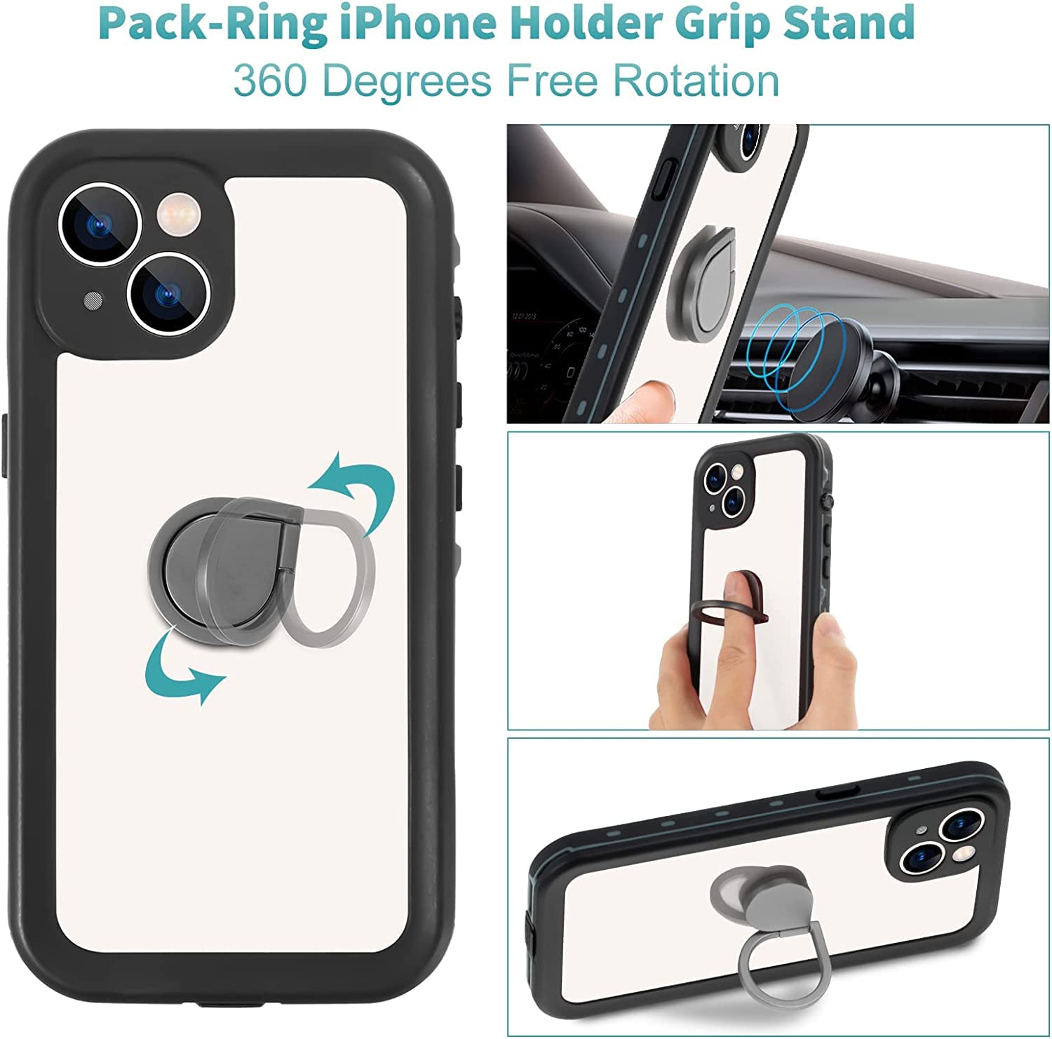 Hertekdo Funda para iPhone 13, Funda Impermeable IP68 para iPhone 13, iPhone 13 Funda con Kickstand, Carcasa Protección Resistente Impactos TPU+PC Case, Adecuado para Buceo, Natación, Senderismo