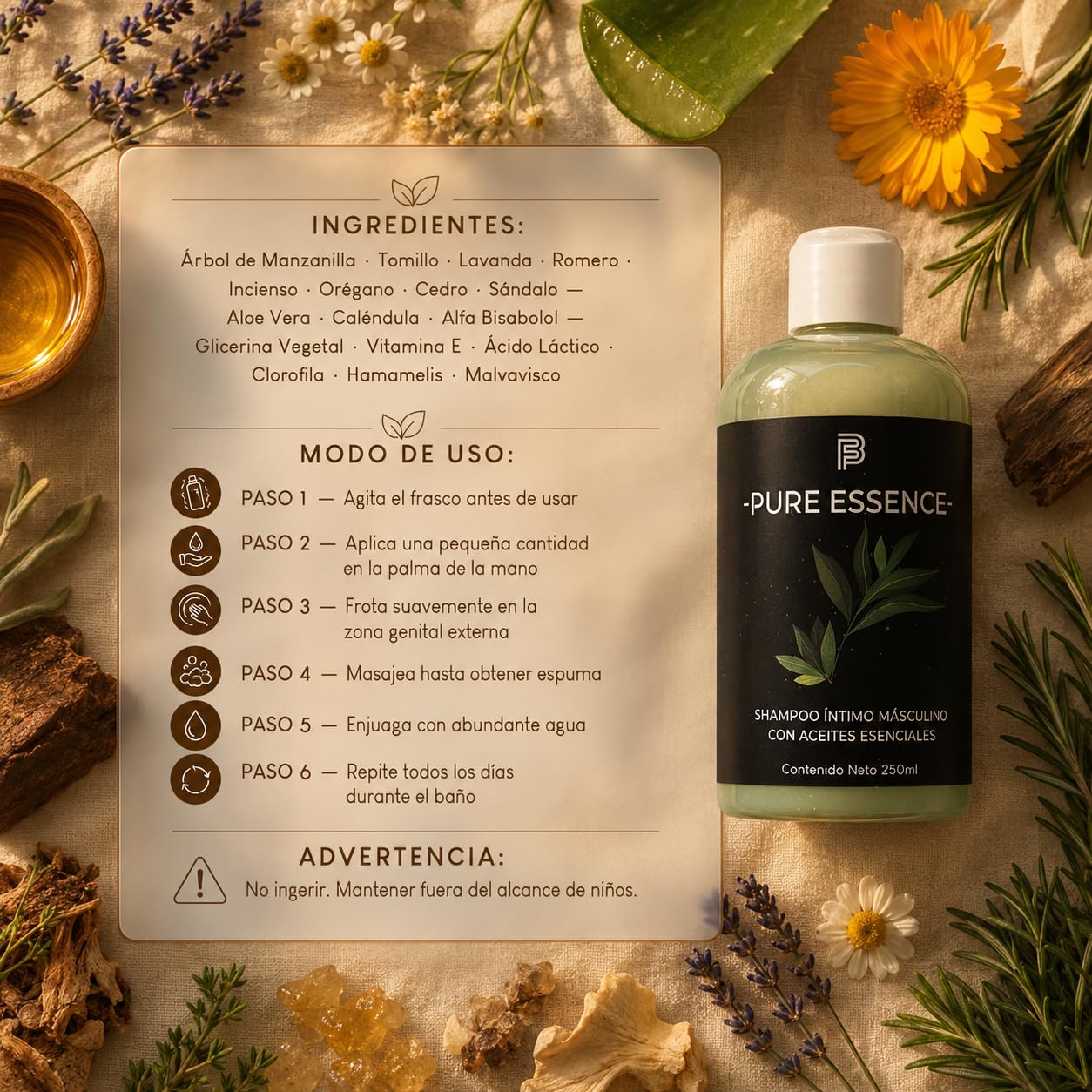 Shampoo Íntimo Para Hombre - Beauty Freedom Pure Essence 250ml - Jabón Íntimo - Con Aceites Esenciales De Romero, Lavanda Y Orégano - Gel Íntimo - Con Manzanilla Aloe Vera Y Vitamina E