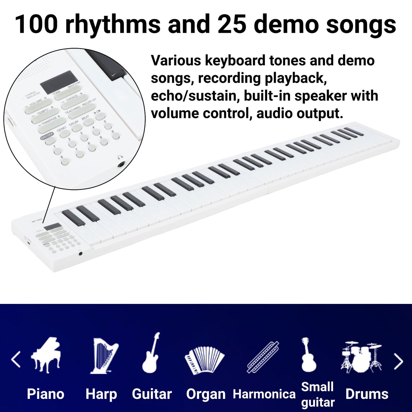 Teclado de Piano Portátil Electrónico Plegable 61 Teclas con Reproducción de Grabación