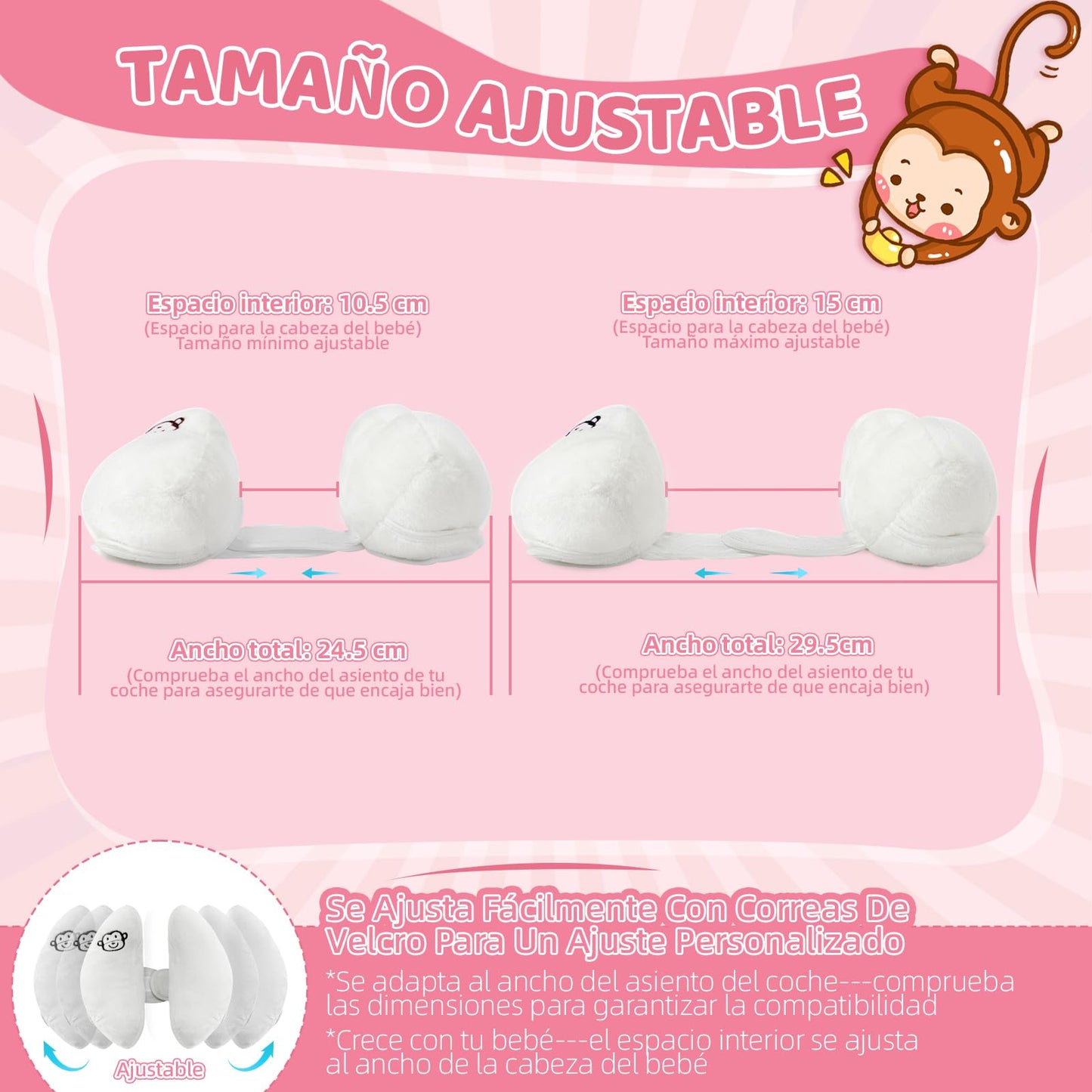 REKOBON Reposacabezas de Viaje Ajustable para Bebés, Paquete de 2, Blanco