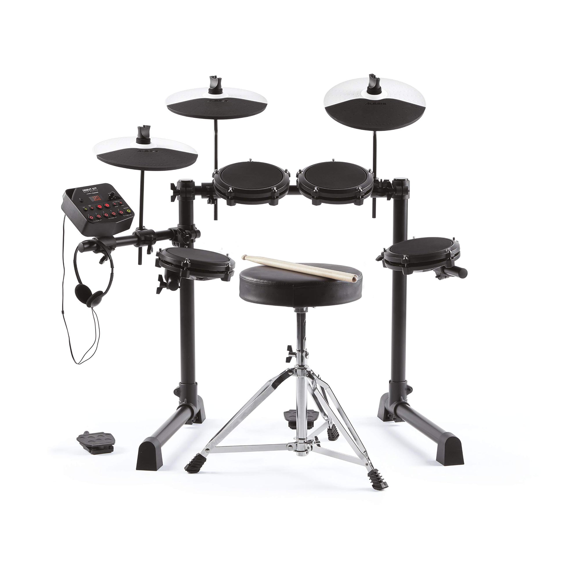 Alesis Debut Kit - Bateria electrica para niños con 4 parches de malla, 120 sonidos, 100 lecciones, taburete, baquetas, llave de batería y auriculares