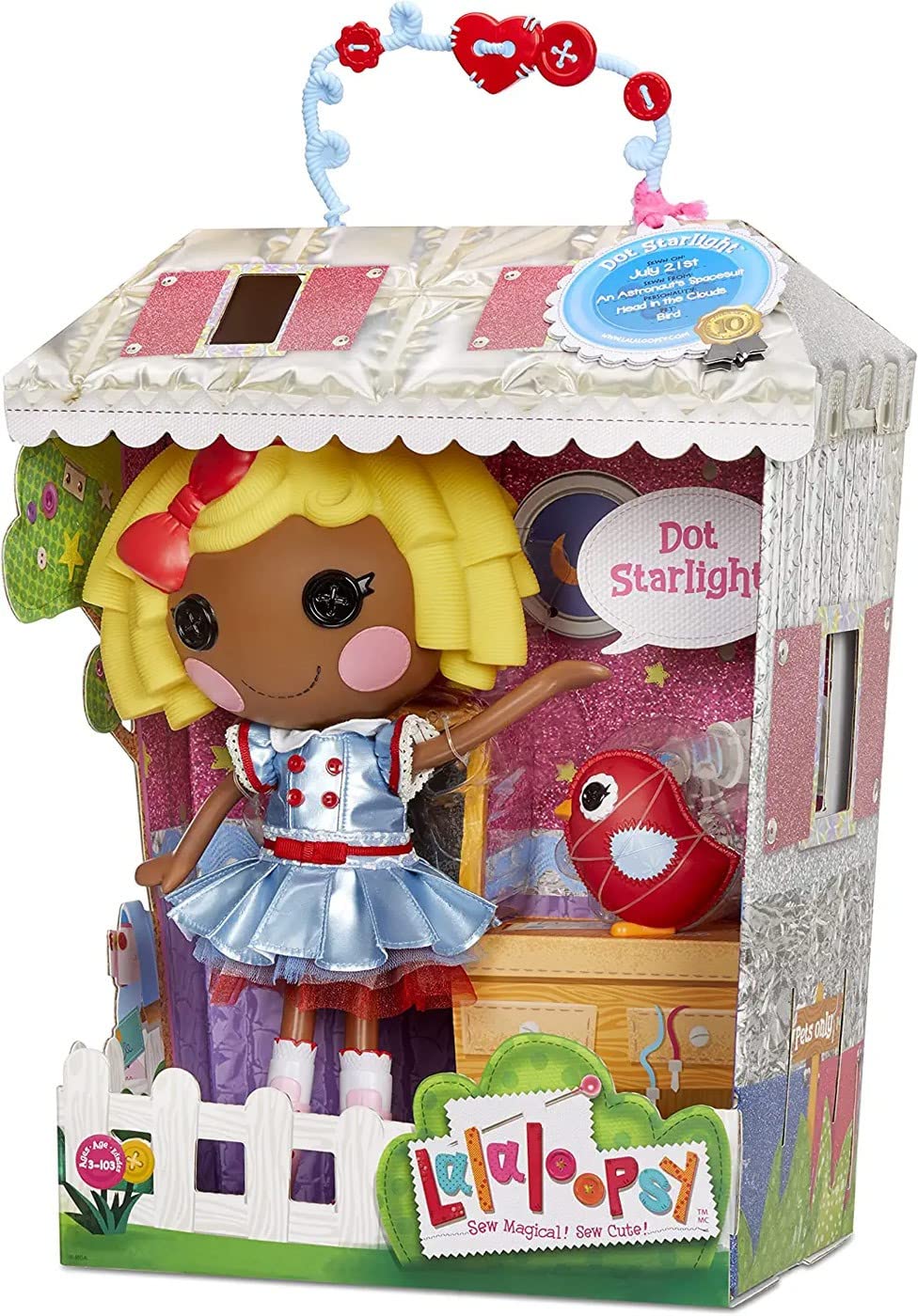 Lalaloopsy Muñeca Dot Starlight 33cm con pajarito - Muñeca Astronauta con Vestido y Zapatos Intercambiables en Blanco y Azul - Caja Reutilizable - Edad: 3+ años