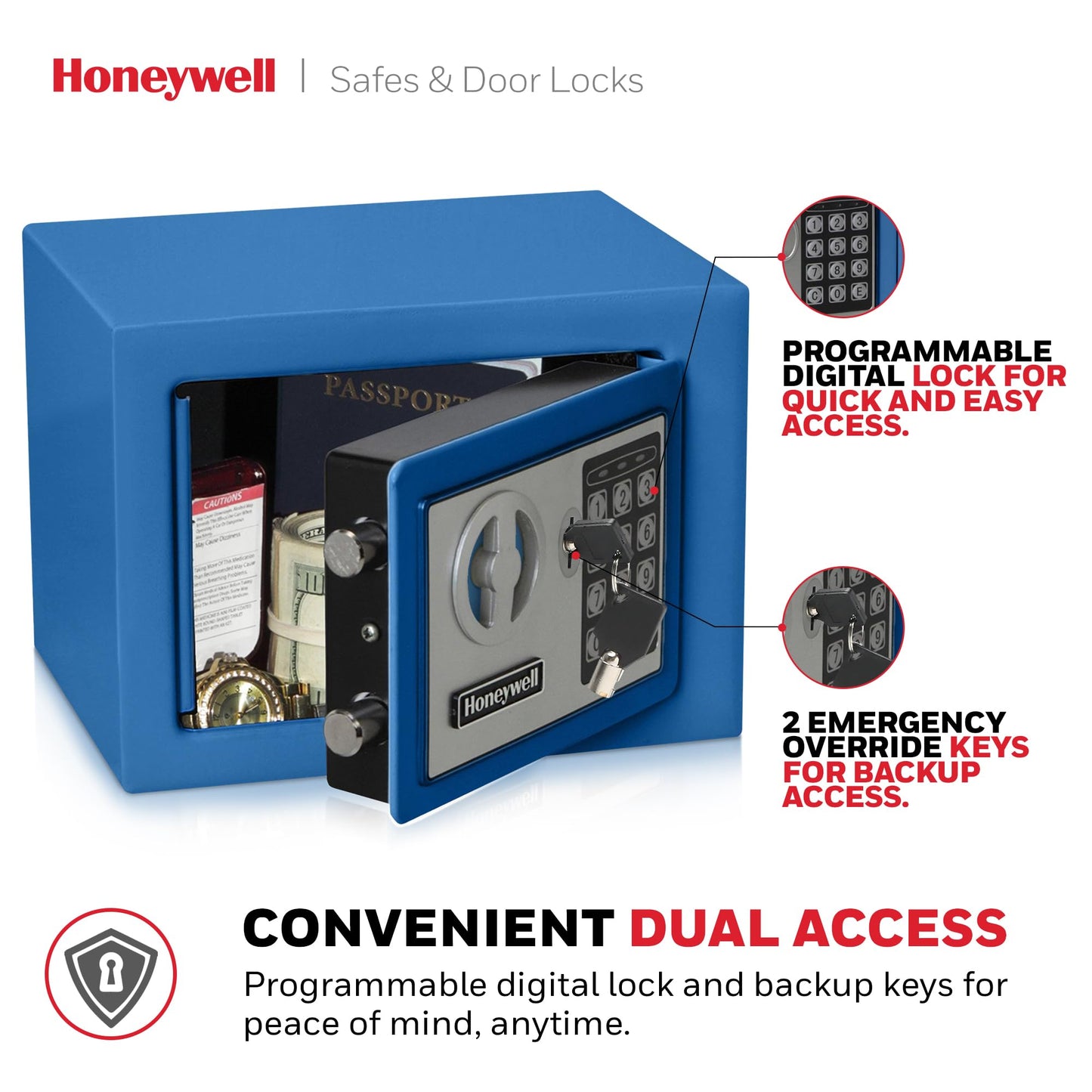 Honeywell - Cajas Fuertes 5005B Con Cierre Digital, Azules, Pequeñas, 0.17 Pies Cúbicos