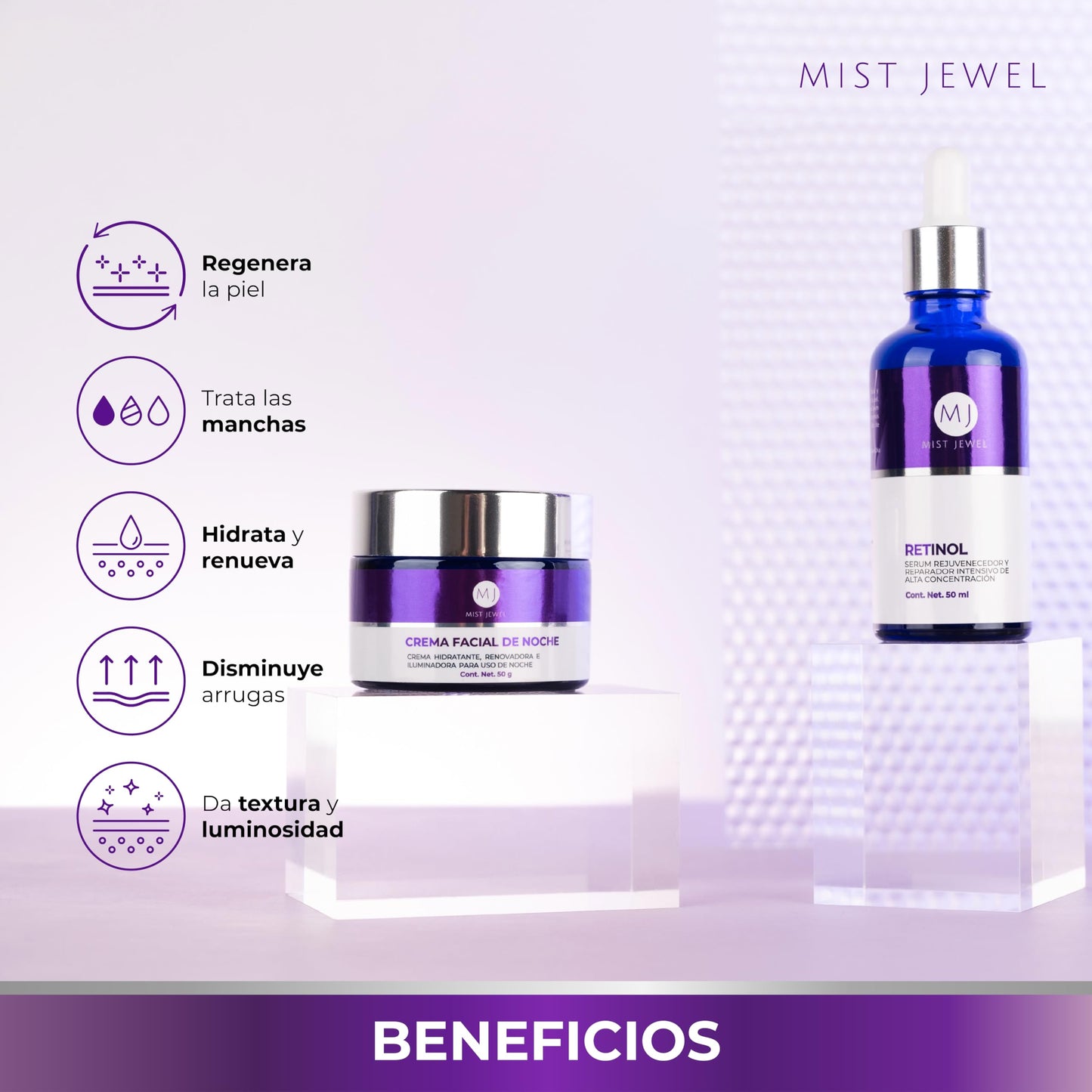 MIST JEWEL | Pack facial de noche con serum retinol 50ml y crema nocturna 50g para hombres y mujeres reparacion y renovacion | Paquete cuidado facial de suero + crema reperadora e hidratante