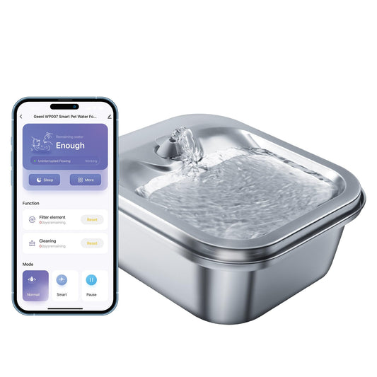 Geeni PetConnect - Fuente de agua inteligente para mascotas de acero inoxidable, tazón de agua filtrado automático de 4 litros para gatos y perros, controlado por Wi-Fi, compatible con Alexa y Google