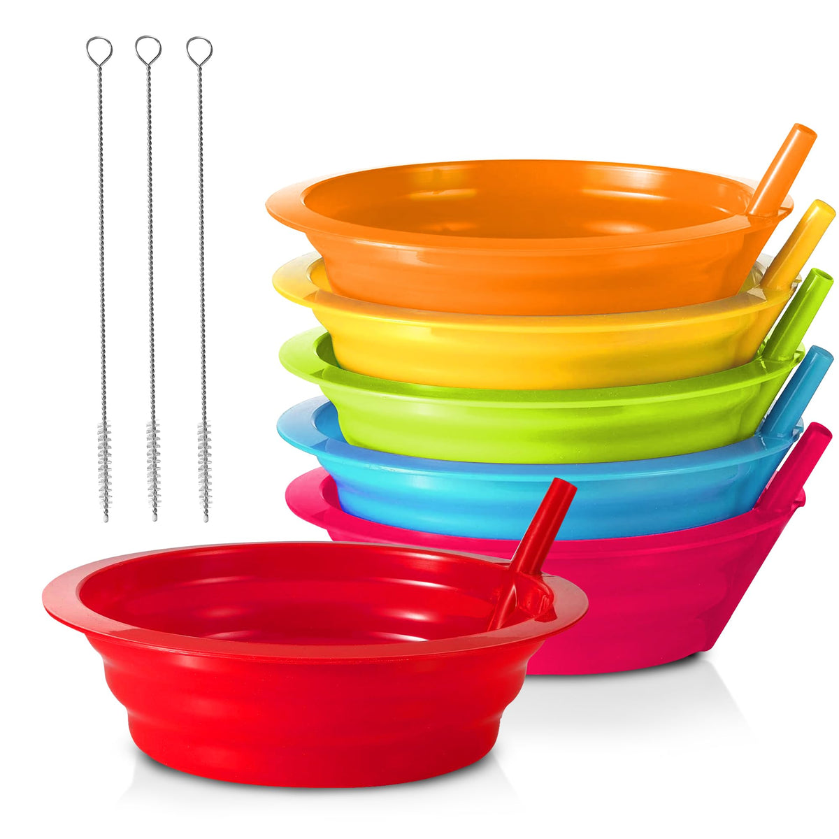 PLASKIDY - Juego de 6 cuencos de plástico con pajita para niños sin BPA, apto para lavaplatos y microondas, cuencos de 22 onzas con pajitas integradas, incluye 3 cepillos de limpieza