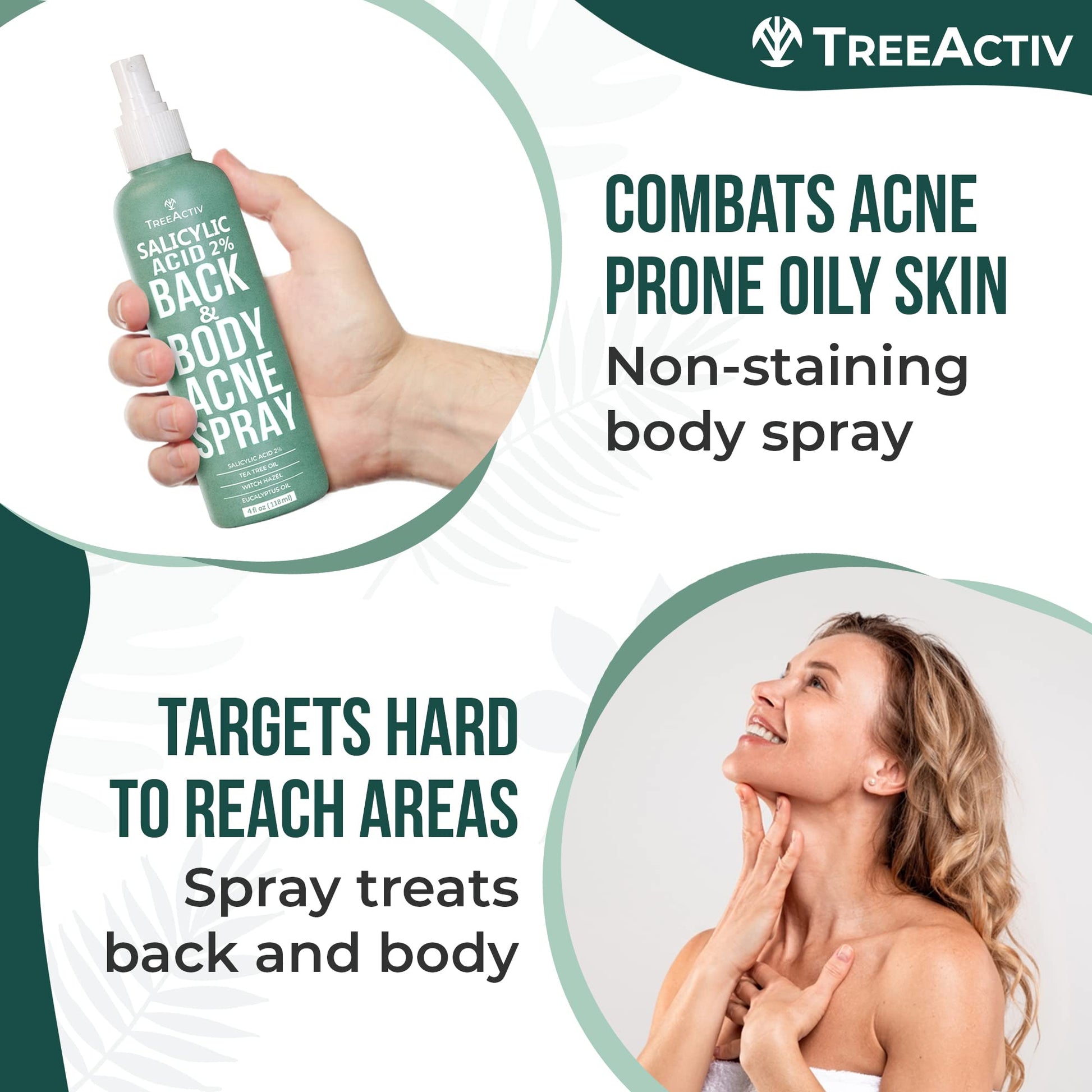 Spray de Ácido Salicílico TreeActiv para Espalda y Cuerpo Solución Eficaz Corporal en Mujeres y Hombres Fórmula de Secado Rápido con Aceite de Árbol de Té, 2 Frascos de 120ml
