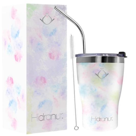 Hidranur Termo de Acero Inoxidable Doble Aislamiento Térmico, 12 oz (354.882 ml), Termo para Café, Tapa Hermética Antifugas, Popote Incluido (Blanco Mármol, 12 Oz (354.882 ml))