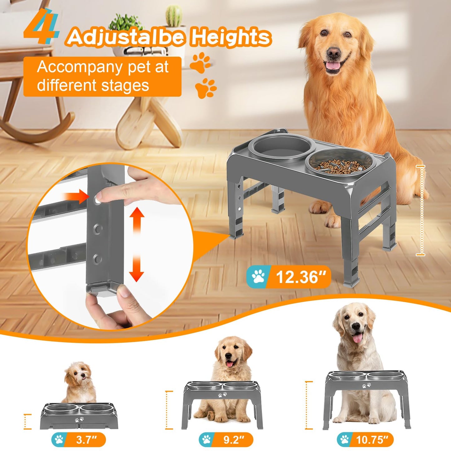 COMESOON Cuencos elevados de alimentación lenta para perros 4 cuencos elevados 2 en 1 de altura ajustable para alimentos y agua comedero antideslizante para perros medianos y grandes se ajusta a 3.7
