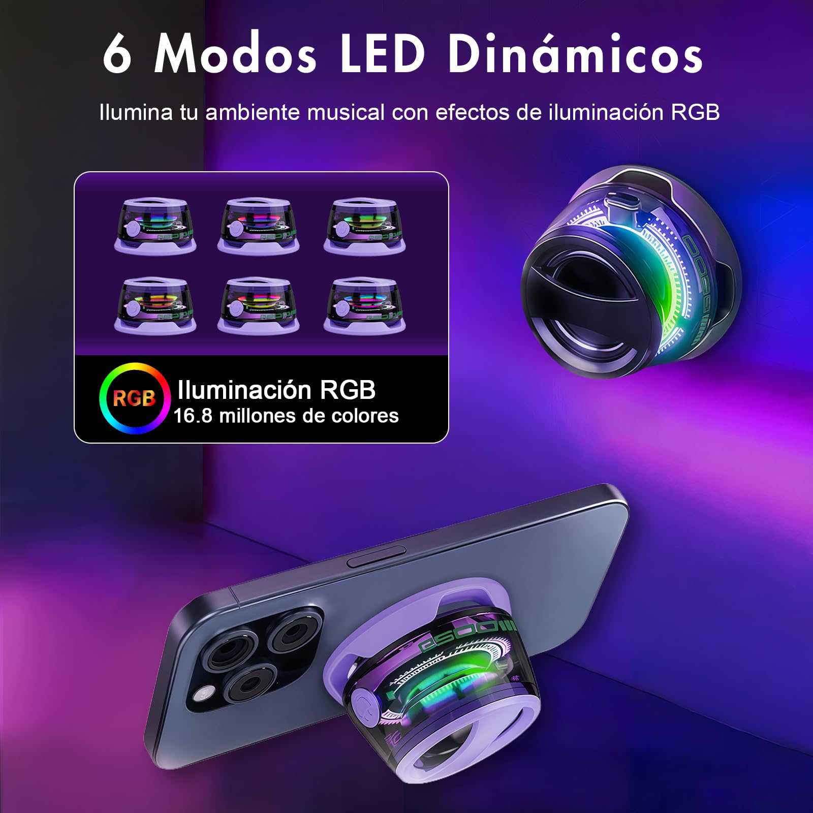SOLVIFY Mini Bocinas Bluetooth Magnéticas, Altavoz Magnético Bluetooth con Luz RGB, Sonido Envolvente 3D, G200, Tecnología Conexión Inalámbrica 5.3, Portátil Se Puede Utilizar como Soporte (Violeta)