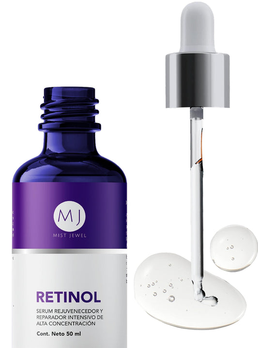 MIST JEWEL Serum Facial Retinol (Vit A), Ácido hialurónico, Vitamina C, Vit E, B5, hidratante y reparador | Suero para hombres y mujeres Anti manchas Nocturno, cuidado facial iluminador e hidratante de alta efectividad 50ml