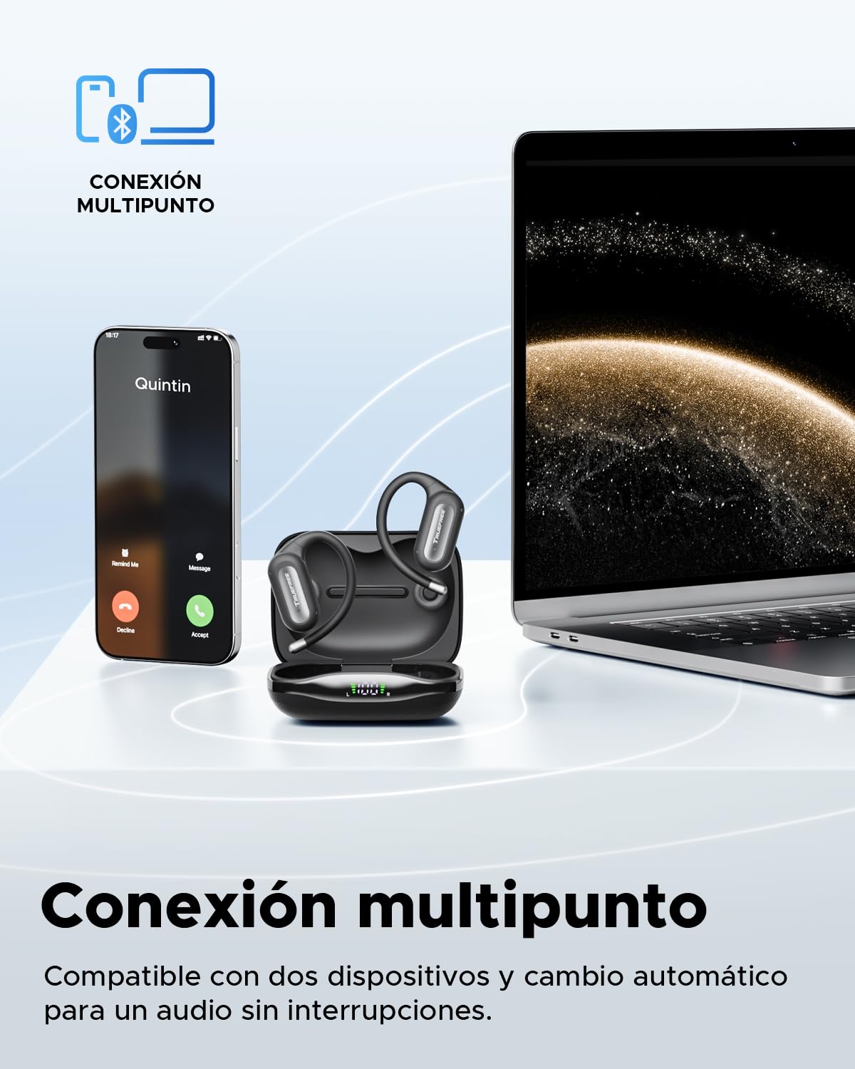 Audífonos Inalámbricos truefree Bluetooth 6.0 Negro Open-Ear con ENC y Carga Rápida para Hombre Mujer