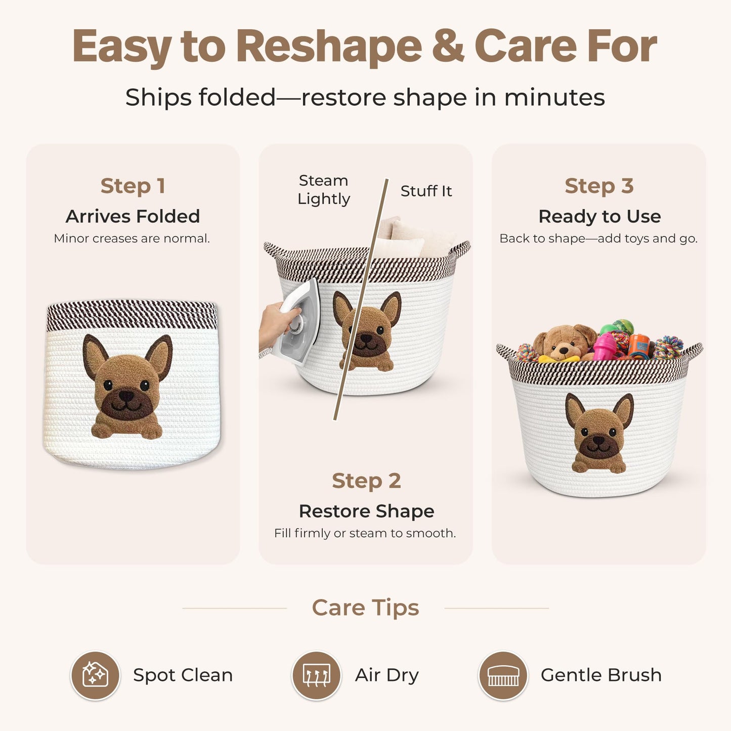 Cesta de juguetes para perros French Bulldog, Pug y Boston Terrier, cesta de almacenamiento tejida de cuerda de algodón de 15x11 pulgadas con parche de cachorro, organizador grande para mascotas para