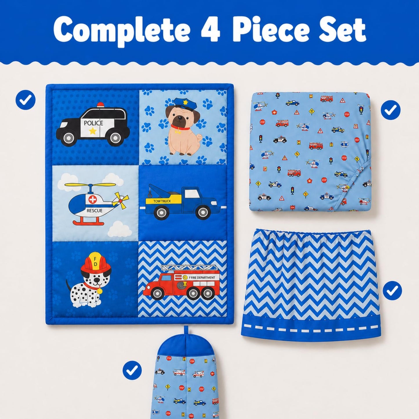 EVERYDAY KIDS Juego de ropa de cama de 3 piezas para cuna, pequeño rescatador, incluye edredón, sábana bajera y volantes antipolvo, juego de cama para guardería, juego de cama para cuna de bebé