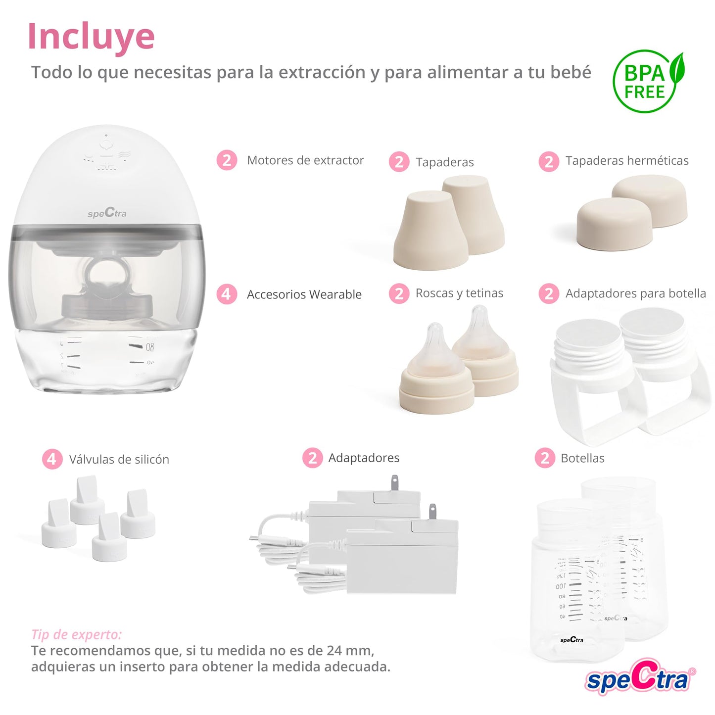 Spectra Extractor de Leche Eléctrico Manos Libres Wearable | 2 Spectra Extractores de Leche Portátiles Sin Cable, Recargables | Sacaleches Sistema Cerrado | Para Bebé y Maternidad | 24mm