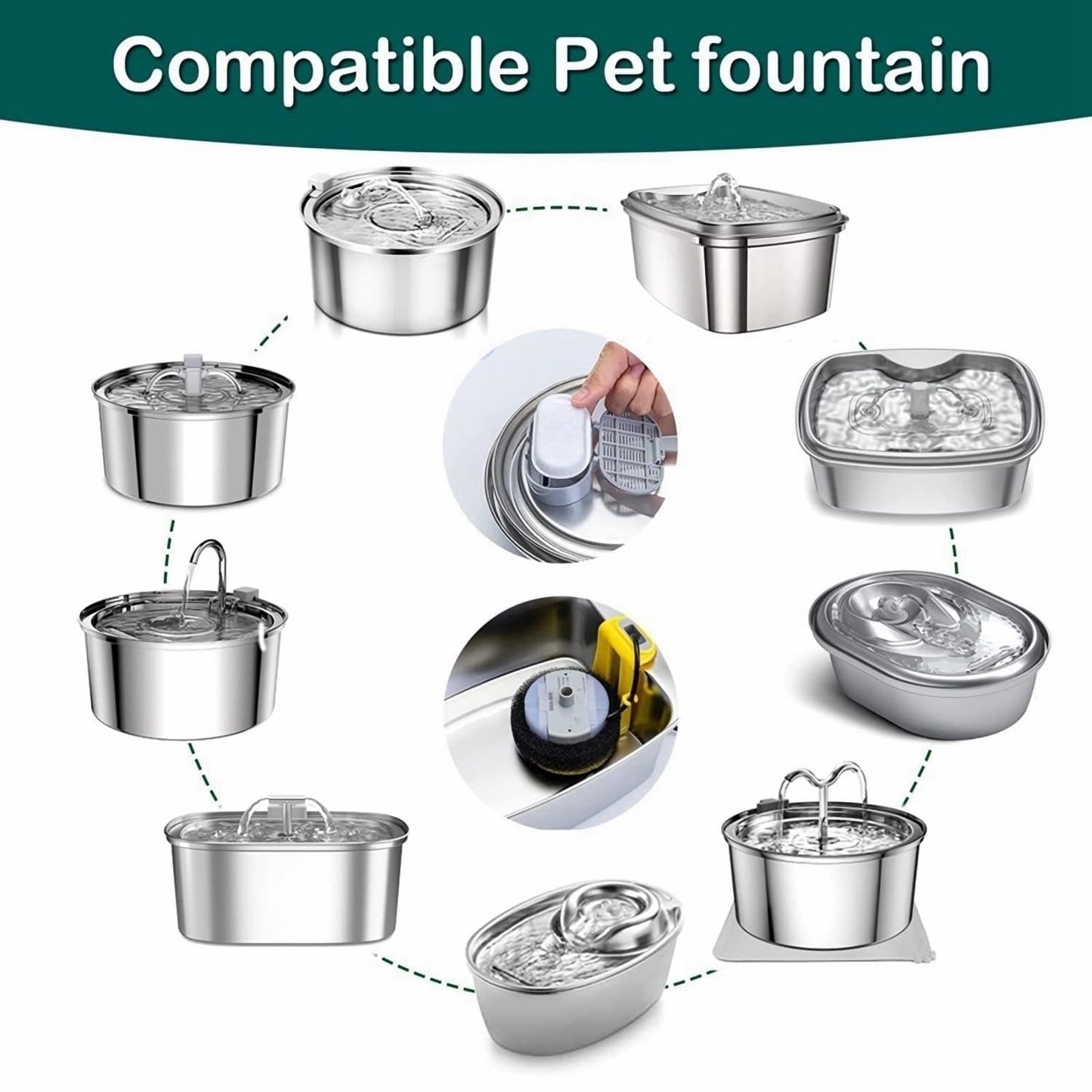 Filtros de fuente de agua para gatos, 12 filtros con 12 esponjas, filtros de repuesto para fuente de agua de acero inoxidable para gatos PLWF003 y PLWF006