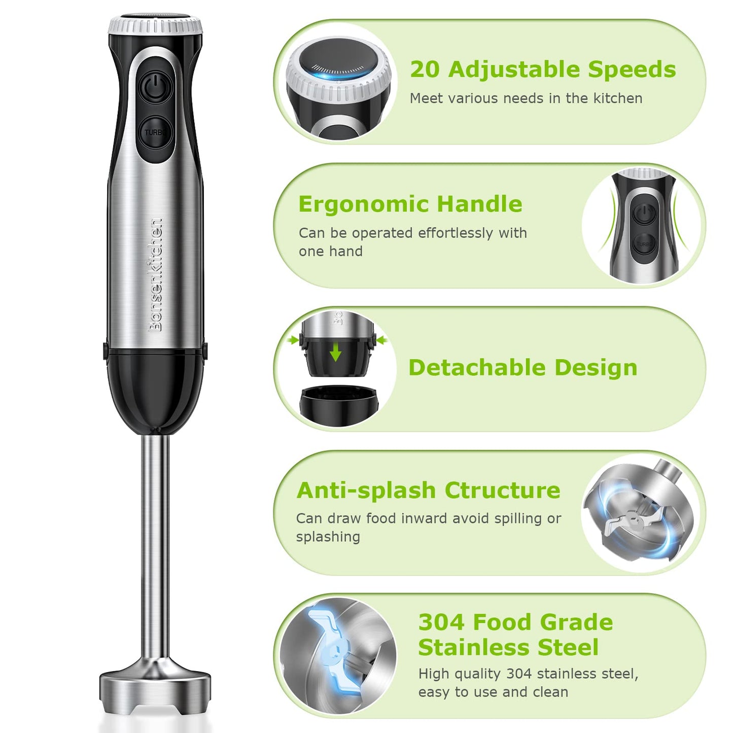 Bonsenkitchen Batidora de mano de inmersión 2 en 1, multiusos de 500 W con batidor, 20 velocidades y modo turbo, de acero inoxidable 304 para licuados, papillas para bebés y sopas