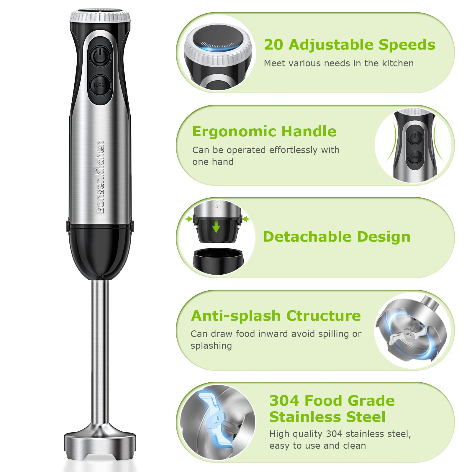 Bonsenkitchen Batidora de mano de inmersión 2 en 1, multiusos de 500 W con batidor, 20 velocidades y modo turbo, de acero inoxidable 304 para licuados, papillas para bebés y sopas