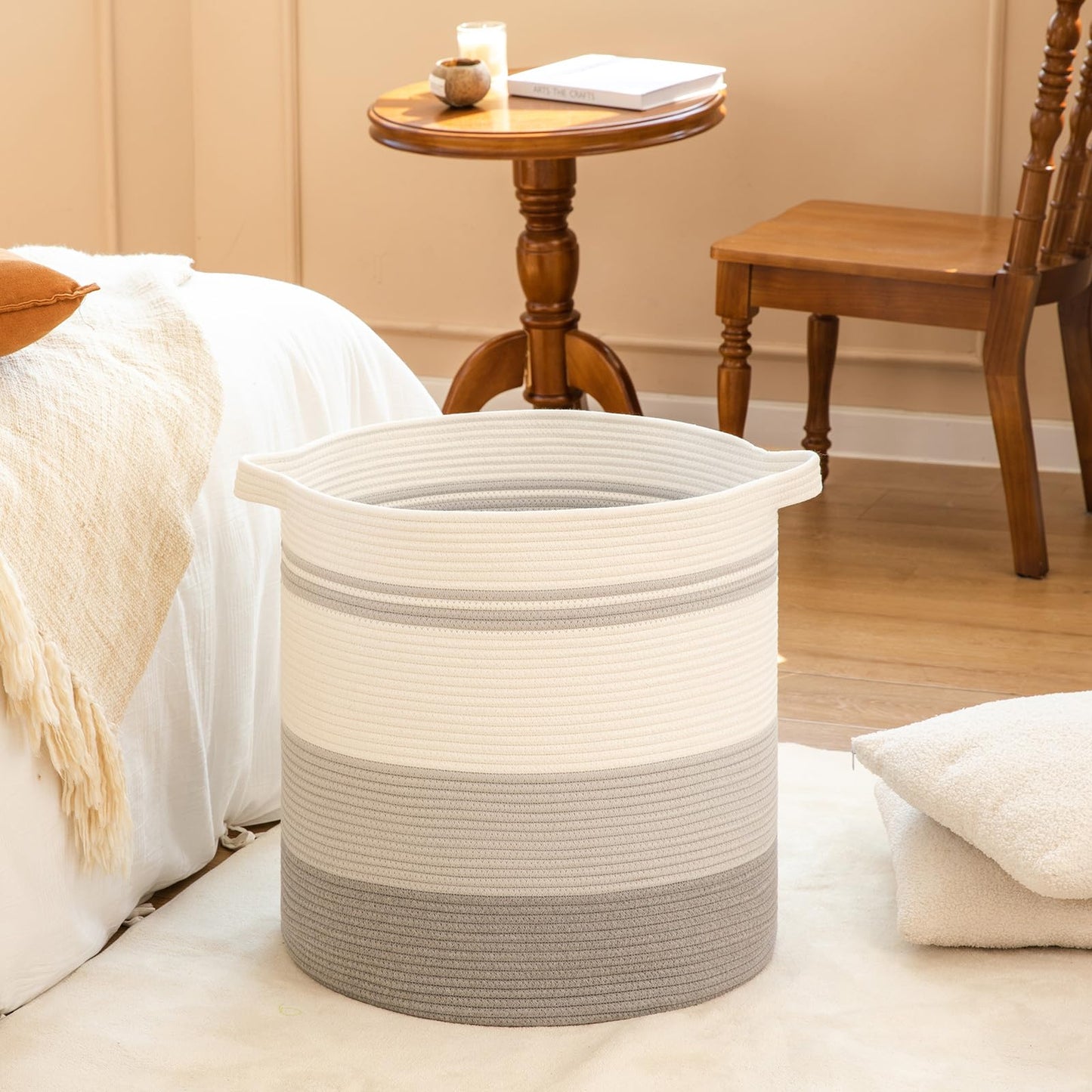 OIAHOMY - Cesta de lavandería de 80 litros con asas, cesta decorativa para sala de estar, cesta de almacenamiento tejida para contenedor de juguetes, almohadas, mantas, ropa, 20 x 18 pulgadas, gris
