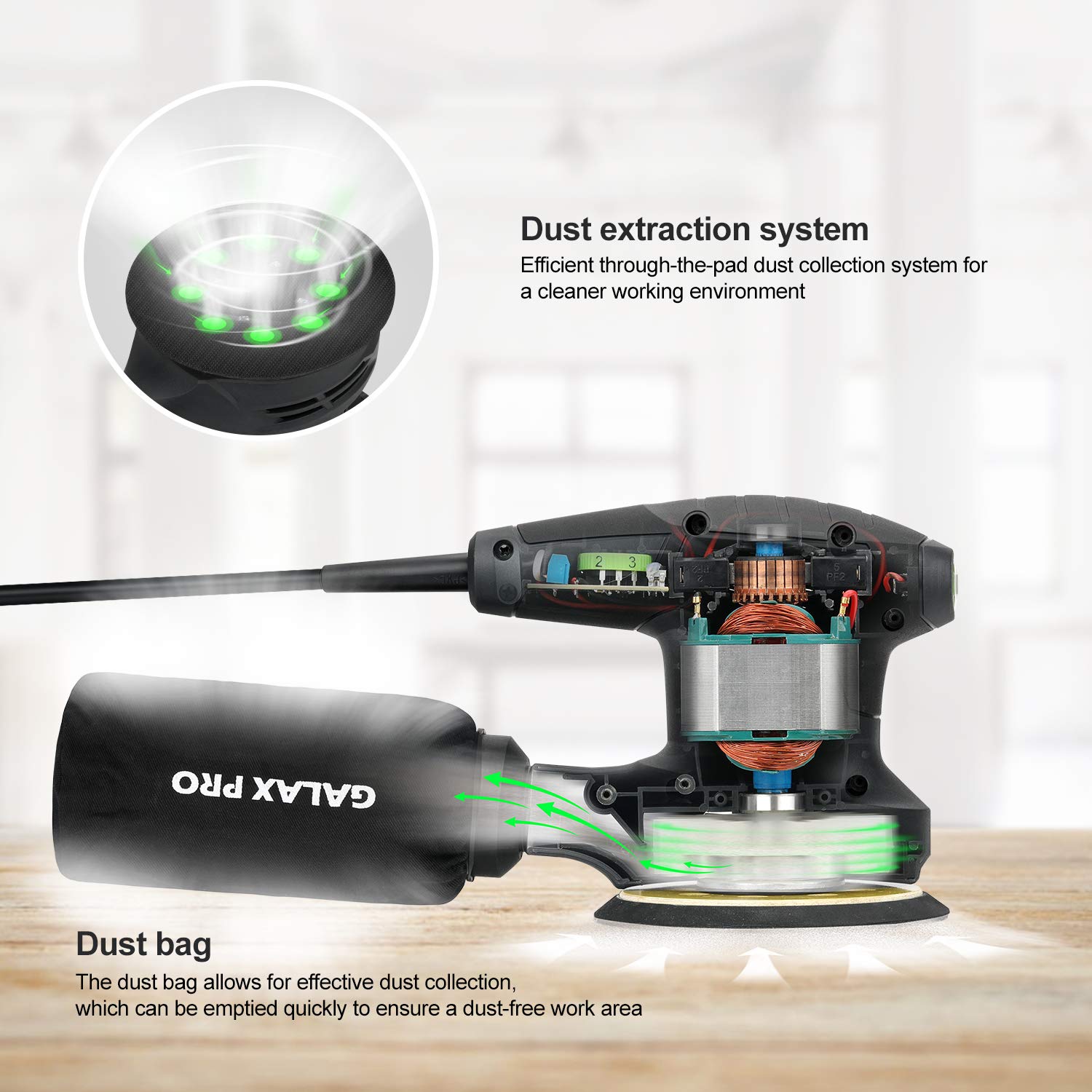 GALAX PRO - Lijadora orbital de 280 W 13000 OPM Max 6 velocidades variables con 15 discos de lijado, lijadora eléctrica de 5 pulgadas con colector de polvo para lijado y pulido