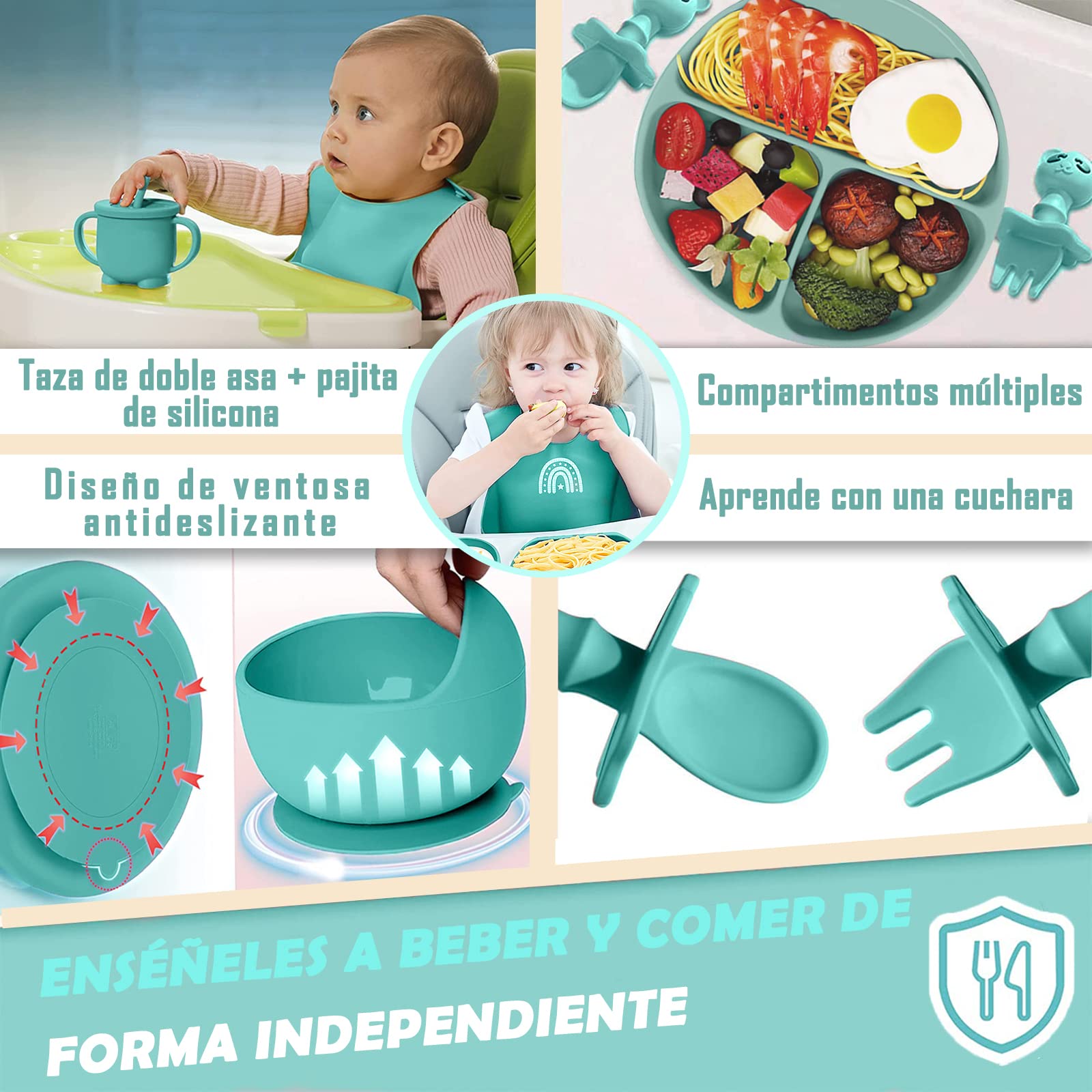 Set de Platos de Silicón para Bebé Verde Antivuelco Sin BPA