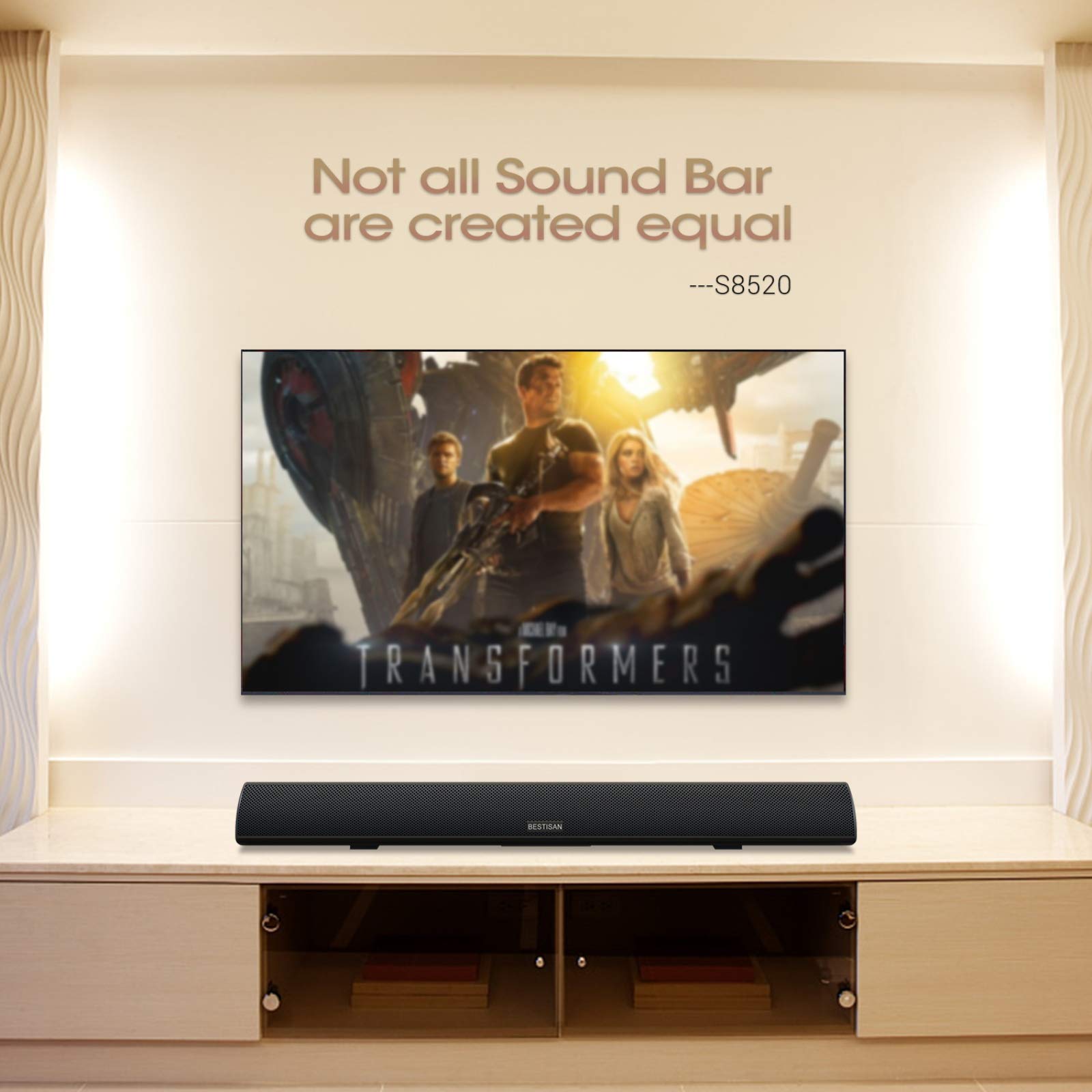 BESTISAN Barra de Sonido de 80 W, 34 Pulgadas, Barra de Sonido Bluetooth 5.0 inalámbrico y con Cable para Cine en casa (DSP, bajo Ajustable, Cable óptico Incluido)