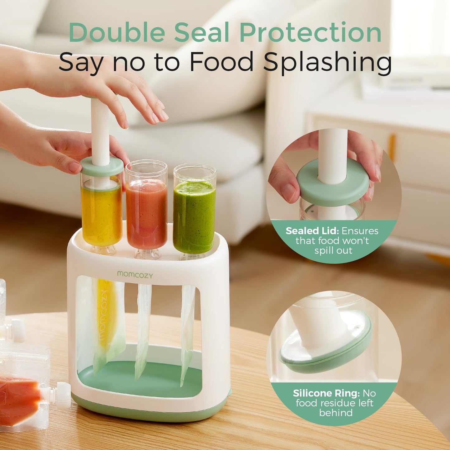 Momcozy – Estación de Compresión y Rellenado para Comida de Bebé y Purés Caseros, Libre de BPA, Apta para Lavavajillas, con Bolsas Reutilizables para Bebés y Niños Pequeños, Fácil y Práctico
