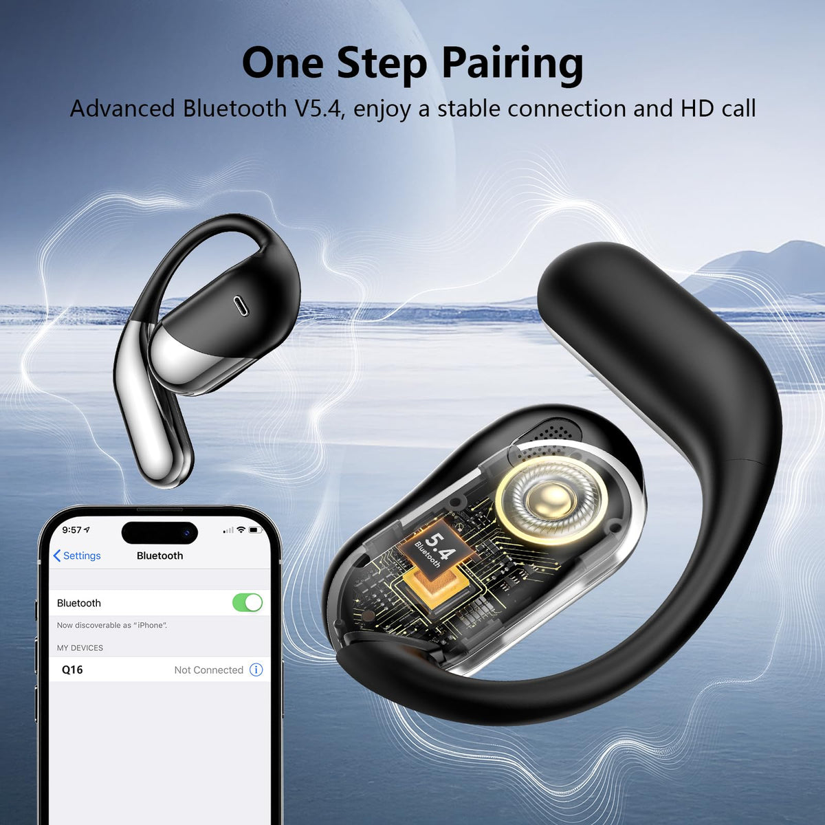 Auriculares Inalámbricos de Conducción Ósea con Ganchos Negros y Funda de Carga LED