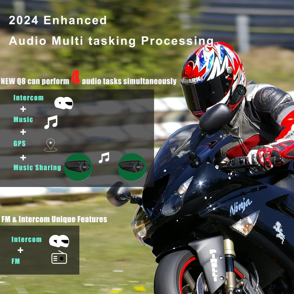 Casco de Motocicleta SolaMr Q8 Negro Bluetooth Intercomunicador 230 Horas 6 Pilotos con Cancelación de Ruido y Radio FM paquete de 2