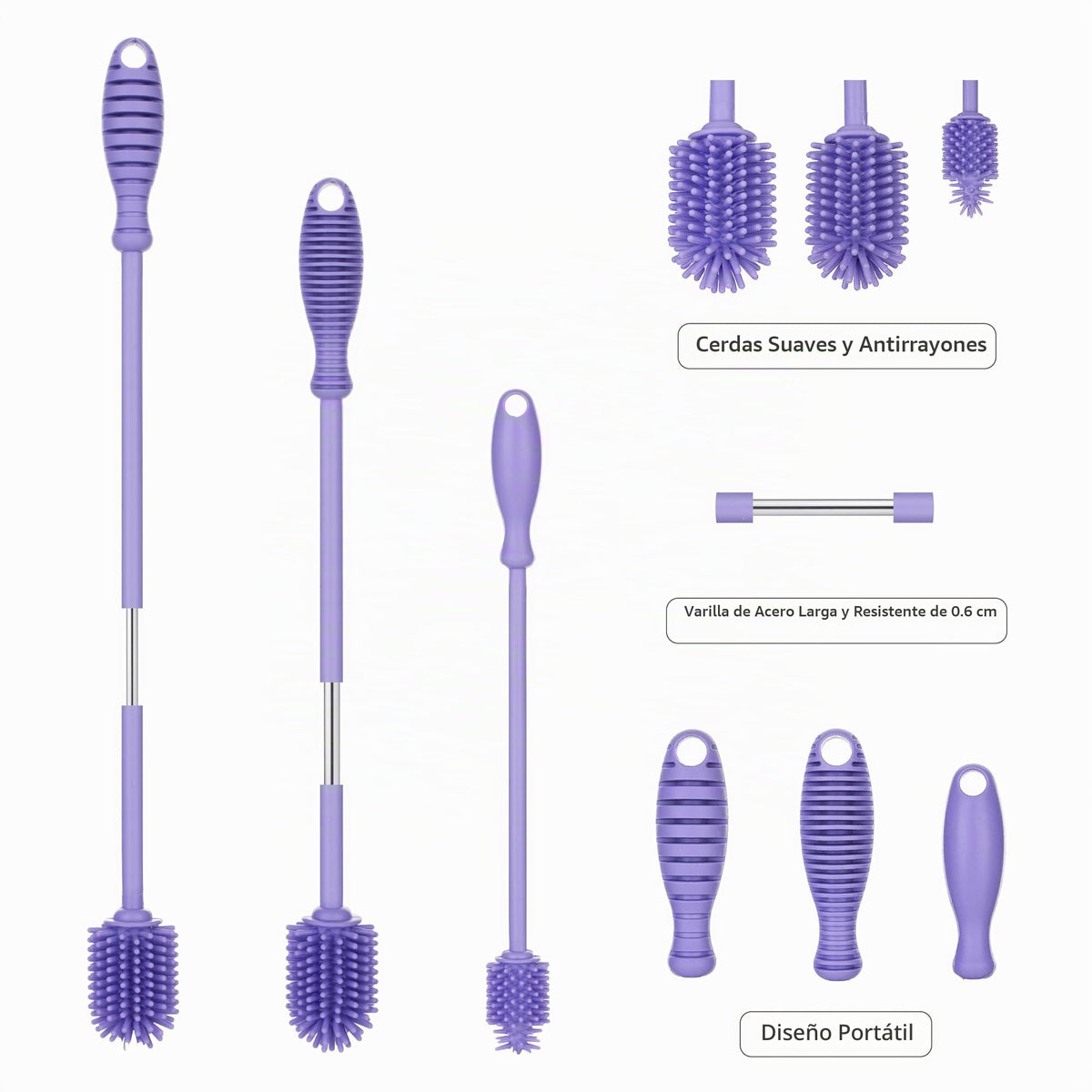 A-Brush - Cepillo para Polvo Limpiador de Botellas de Silicona sin BPA, Mango Largo, Ideal para Botellas de Agua de Vidrio y plástico, para Botellas de Agua (Juego de 3 Piezas de Color Morado Claro)