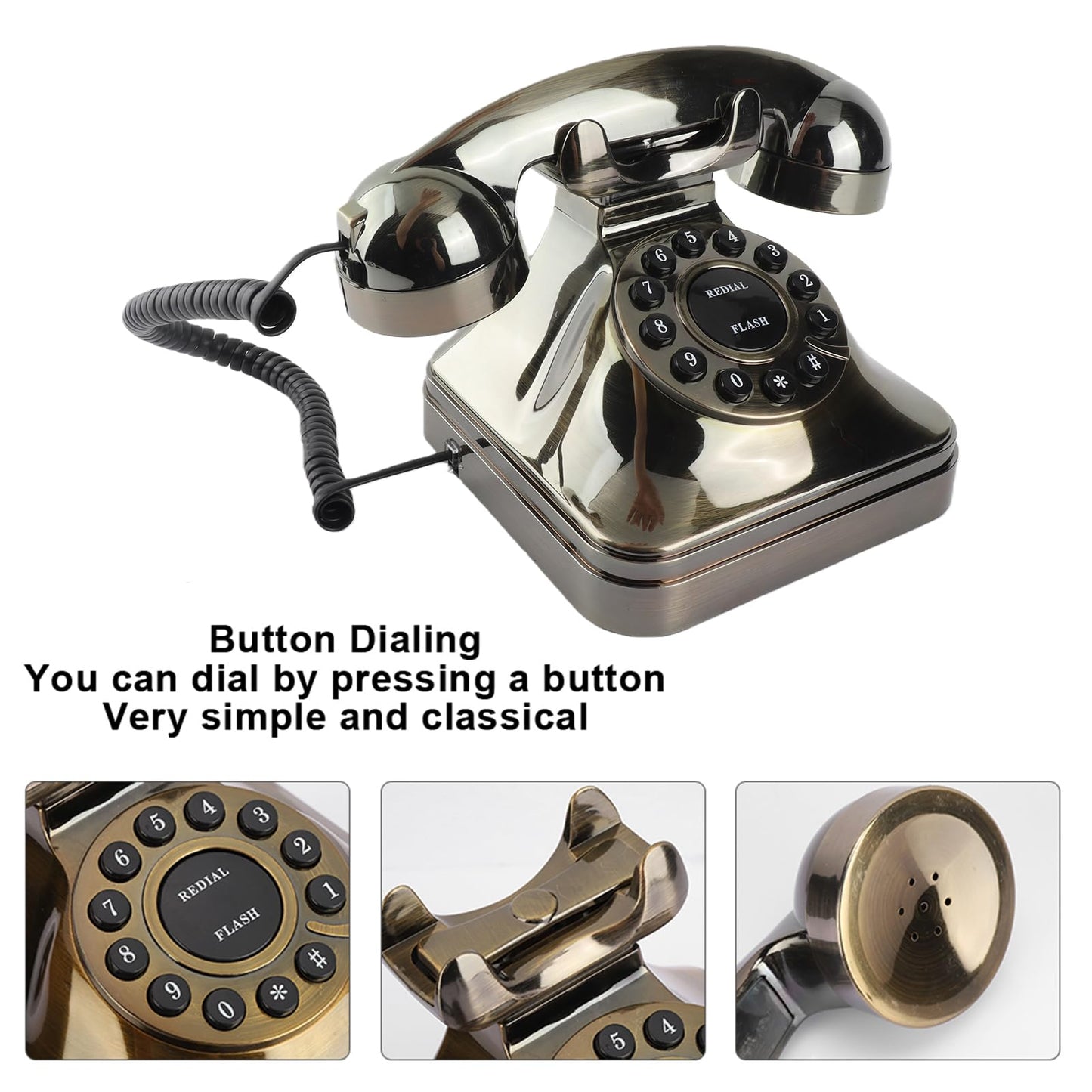 FastUU Teléfono Fijo Vintage Bronce, Teléfono Antiguo con Almacenamiento de Números y Timbre Mecánico