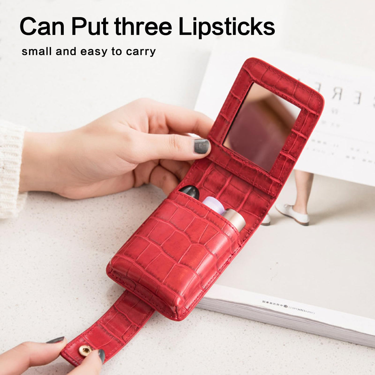 PORRASSO Estuche para Lápiz Labial con Espejo Estuche para Pintalabios Mini Bolsa de Maquillaje Portátil Almacenamiento PU Bolsa de Cosméticos Rojo