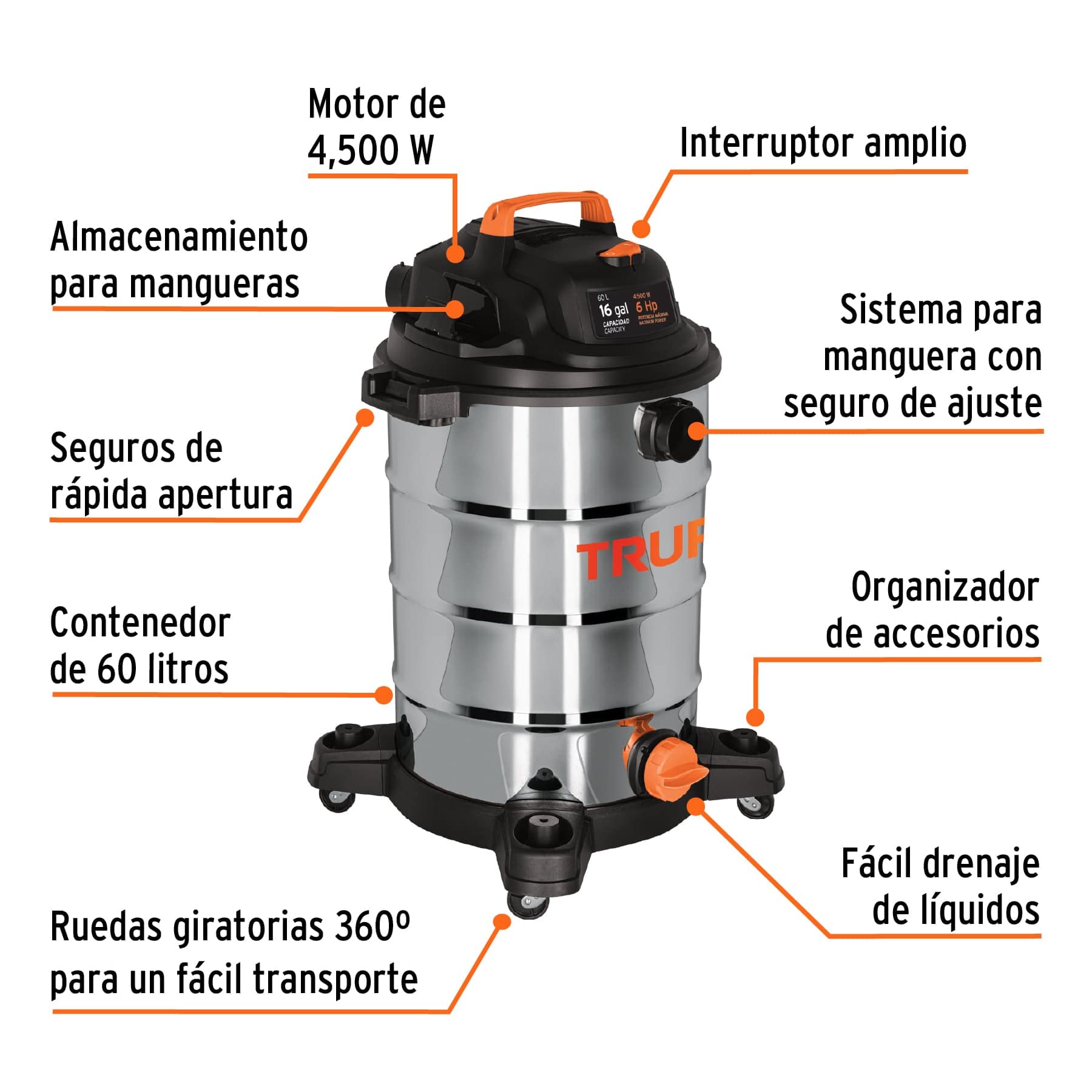 Aspiradora Truper Acero INOX 16 Gal Sólidos y Líquidos