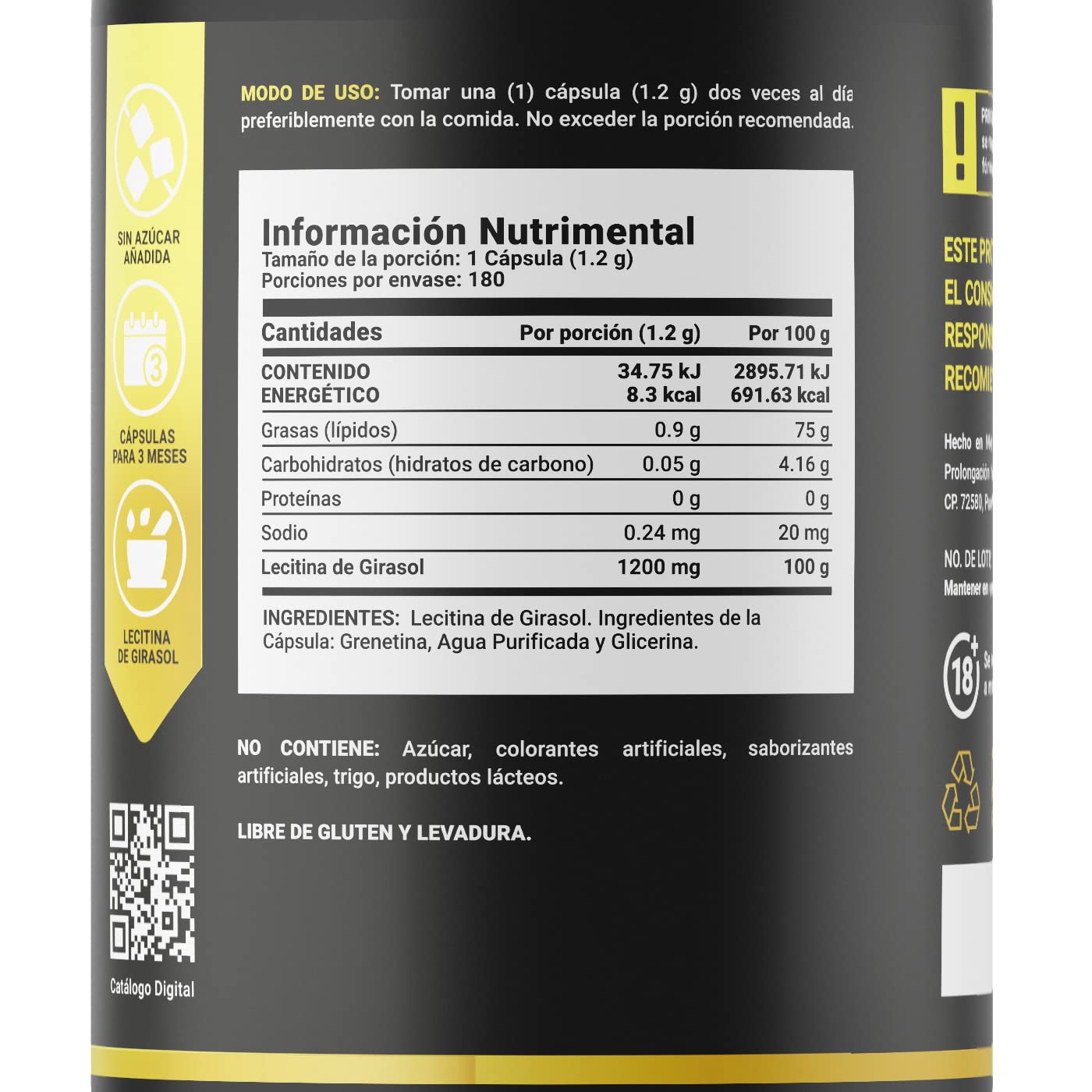 Lecitina de Girasol 180 Cápsulas Blandas 1200 mg. Ingredientes naturales. Sunflower Lecithin B Life.