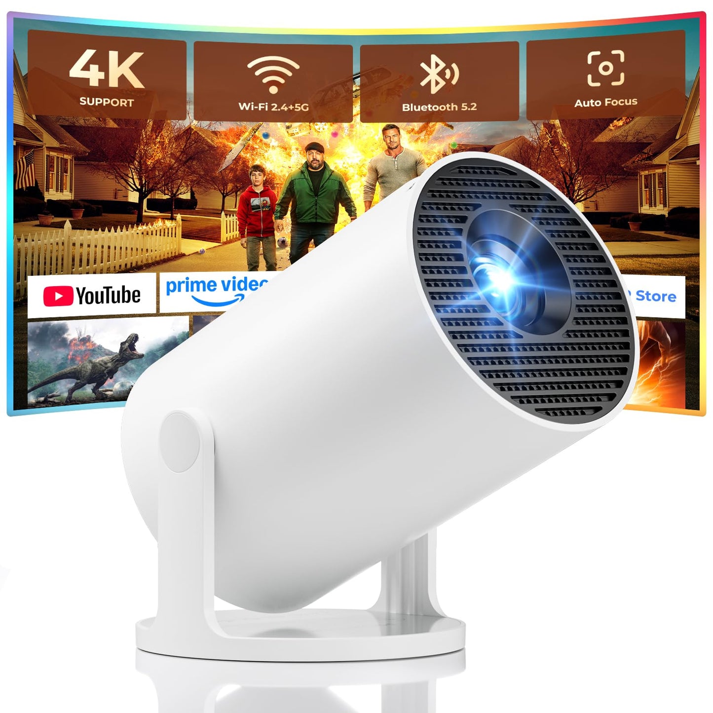 Mini proyector, proyector portátil con WiFi y Bluetooth, aplicaciones integradas, compatible con 4K 1080P, rotación de 180°, piedra clave automática, proyector de película compatible con HDMI/USB/TV