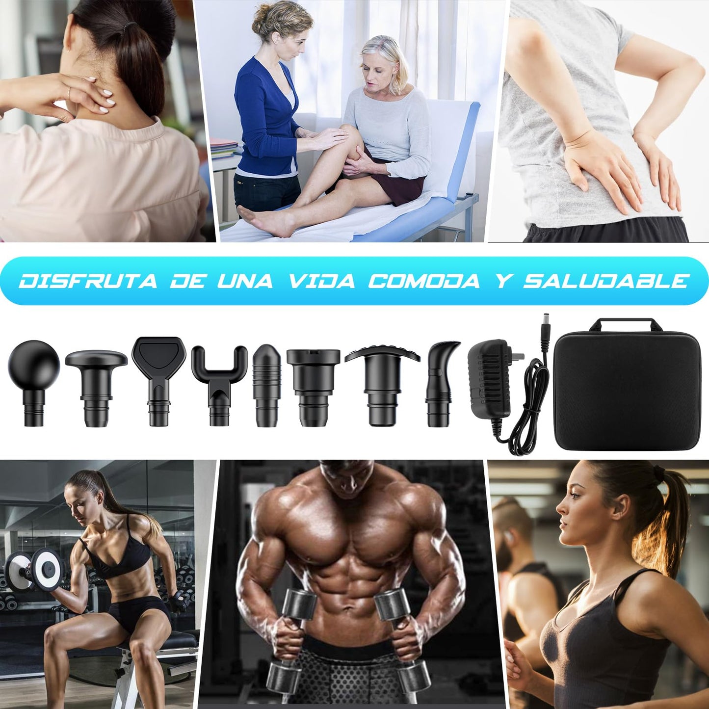 Pistola de Masaje Muscular, Masaje Eléctrico de Mano con 8 Cabezales y 30 Velocidades Ajustables, Masajeador Muscular de Tejido Profundo para Aliviar el Dolor, Dispositivo de Masaje Masajeadores Eléctricos Ideal para Músculos, Hombros, Cuello, Espalda, Pi