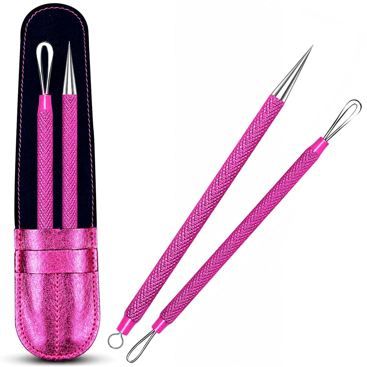 EFAH Care Extractor de espinillas de acero inoxidable para tratamiento del acné, manchas quirúrgicas, eliminador de puntos negros, perfecto para la cara y la nariz, fácil de limpiar, color rosa