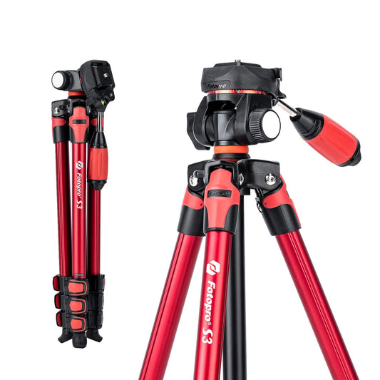 Fotopro Trípode Viaje 60" Cabeza Inclinable Ligero, Placa Quick Release ， Bolsa, Compatible Teléfono/Cámara DSLR, Carga 6.6 lbs, S3 Rojo