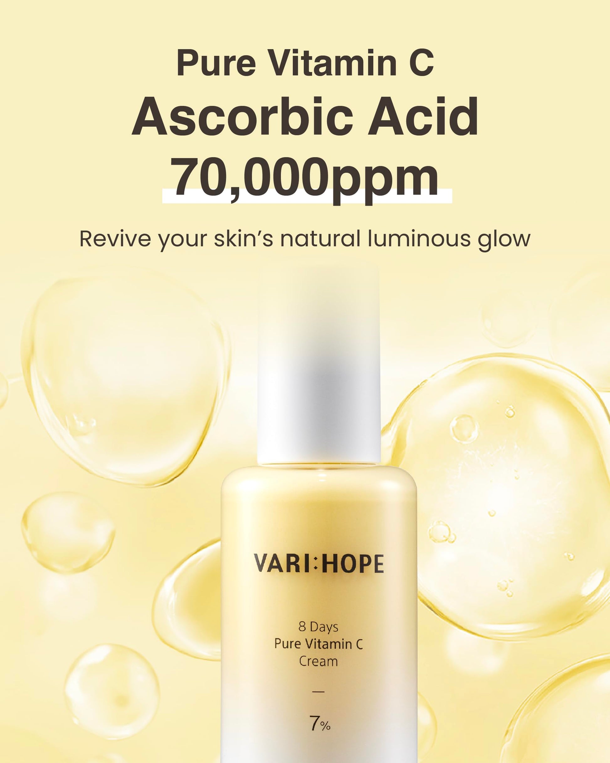 VARIHOPE- Crema con vitamina C pura de 8 días (50 ml) Hidratante coreano para una piel radiante. Hidratación profunda y brillo