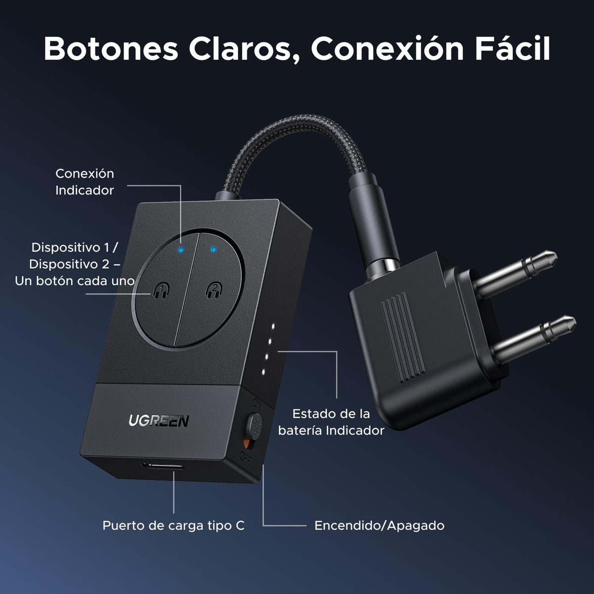 Transmisor Bluetooth 5.4 UGREEN Negro con Batería 19h para Avión