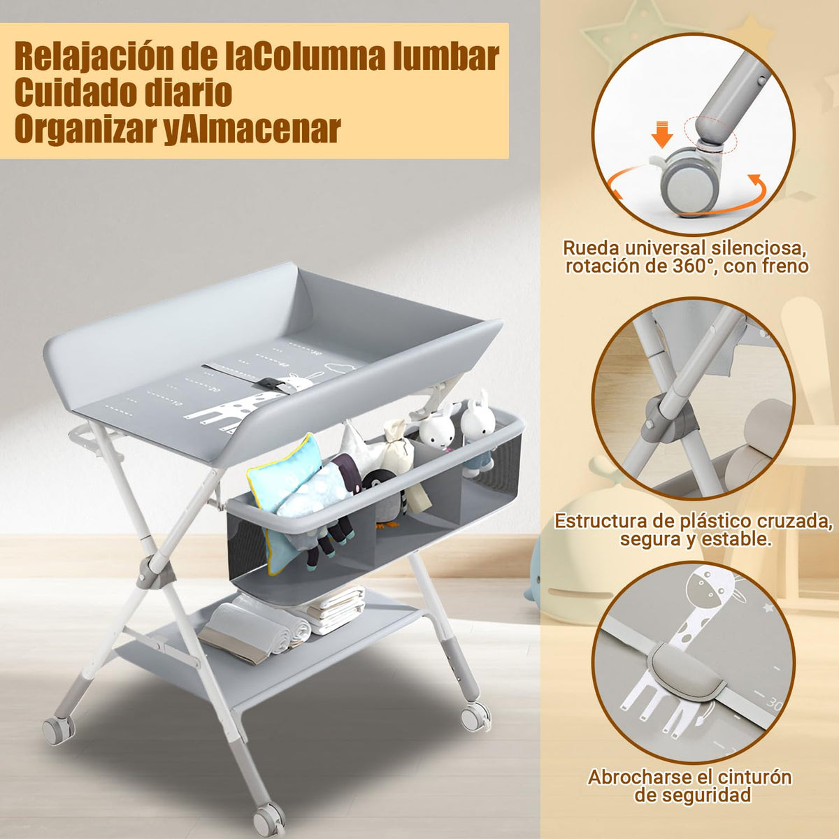 Cambiador para Bebe, Gris Multifuncional con Altura Ajustable, Mueble Cambiador para Bebe, Plegable con Ruedas, Cómoda Cambiador para Bebe, 3 Alturas Ajustables, con Barra Secar Ropa, Canasta Almacenamiento, Ruedas silenciosas universales