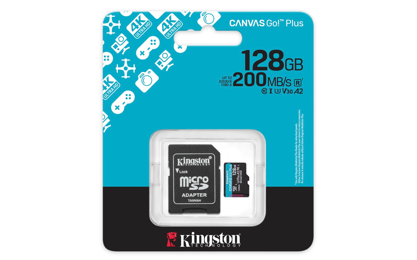 Kingston Tarjeta De Memoria MicroSD, Canvas Go Plus Gen4, Capacidad: 128GB, 4K, Clase 10, UHS-I, U3, V30, A2 Lectura: 200MB/s, SKU: SDCG4/128GB