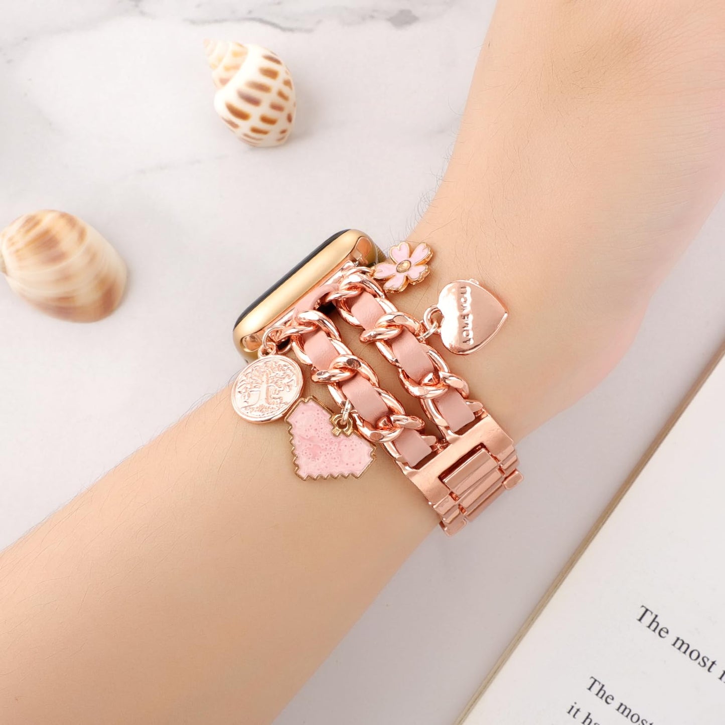 Pulsera Elegante REALSIGN flor oro rosa compatible con Apple Watch eslabones cubanos árbol de la vida para Mujer